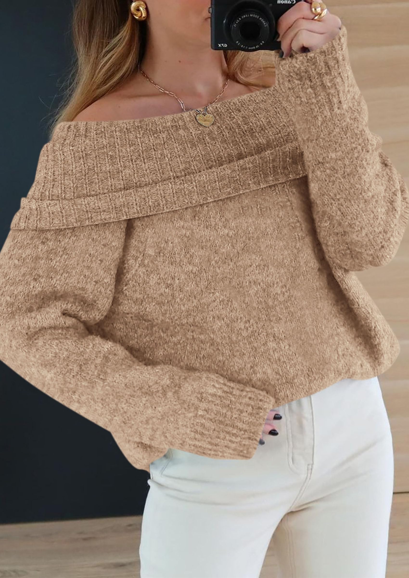 Women's Fall Off The Shoulder Sweater,Khaki,S