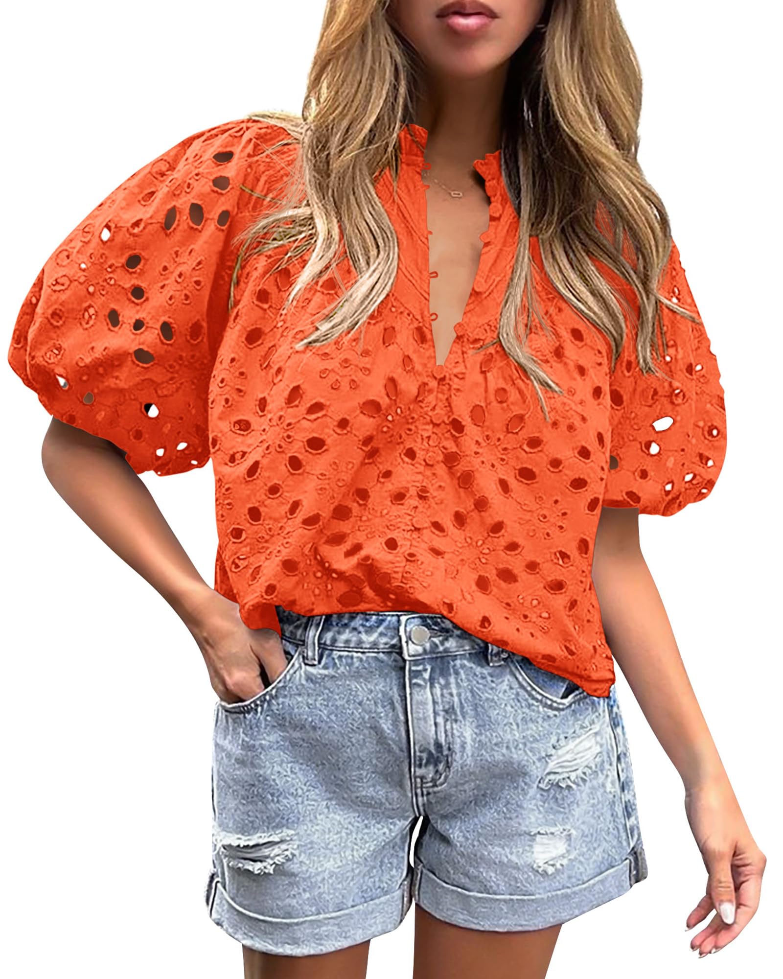 Womens Tops Boho Eyelet Puff Sleeve Blouse, Orange,S