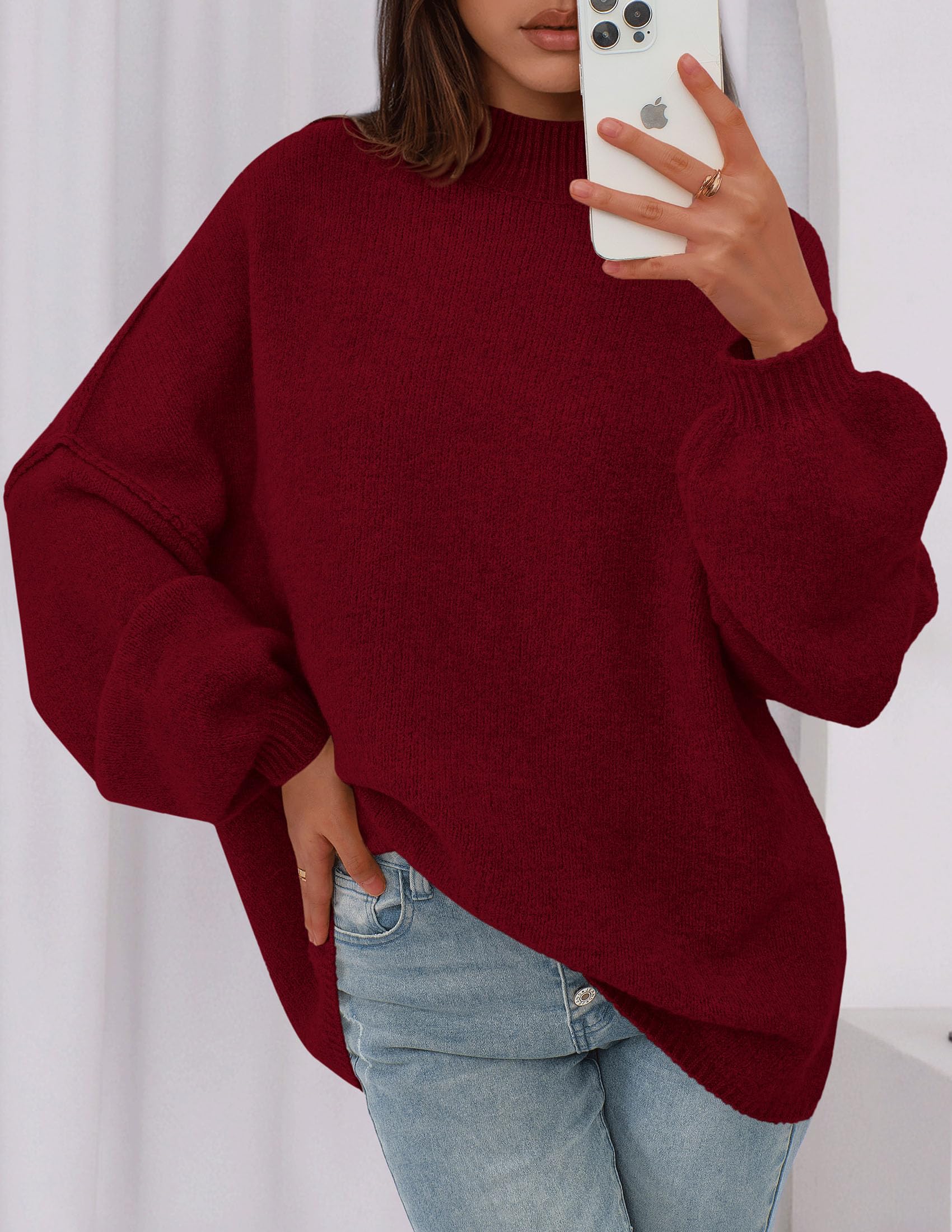 Women's Oversized Sweaters Fall Clothes (Burgundy,S)