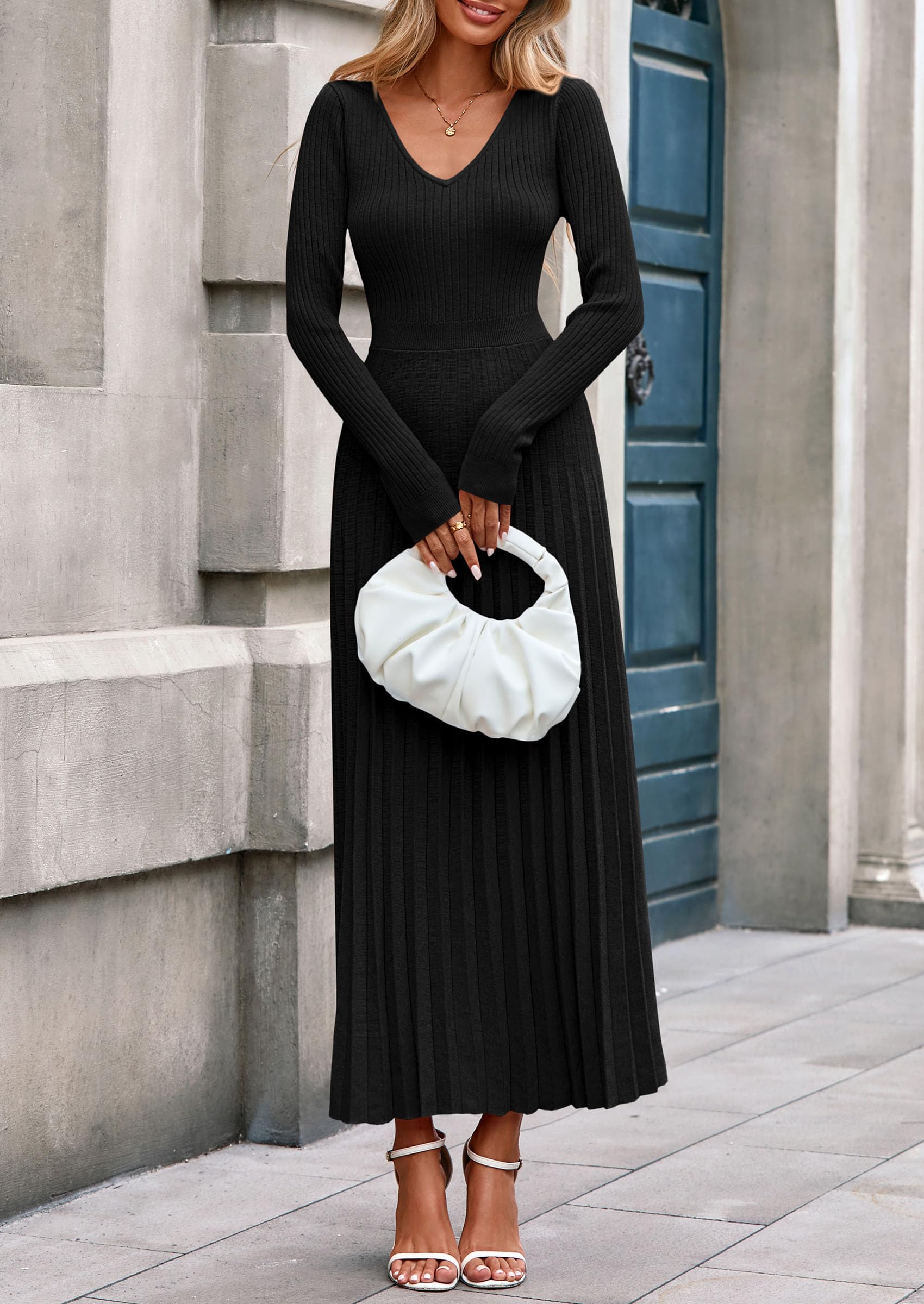 Sweater Dress Women Long Sleeve Maxi Flowy Pleated Dresses