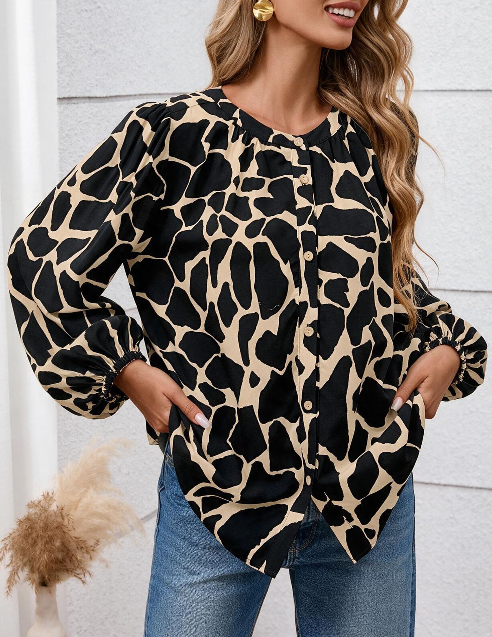 Women's Boho Tops Fall Long Sleeve Button Down Floral Blouses