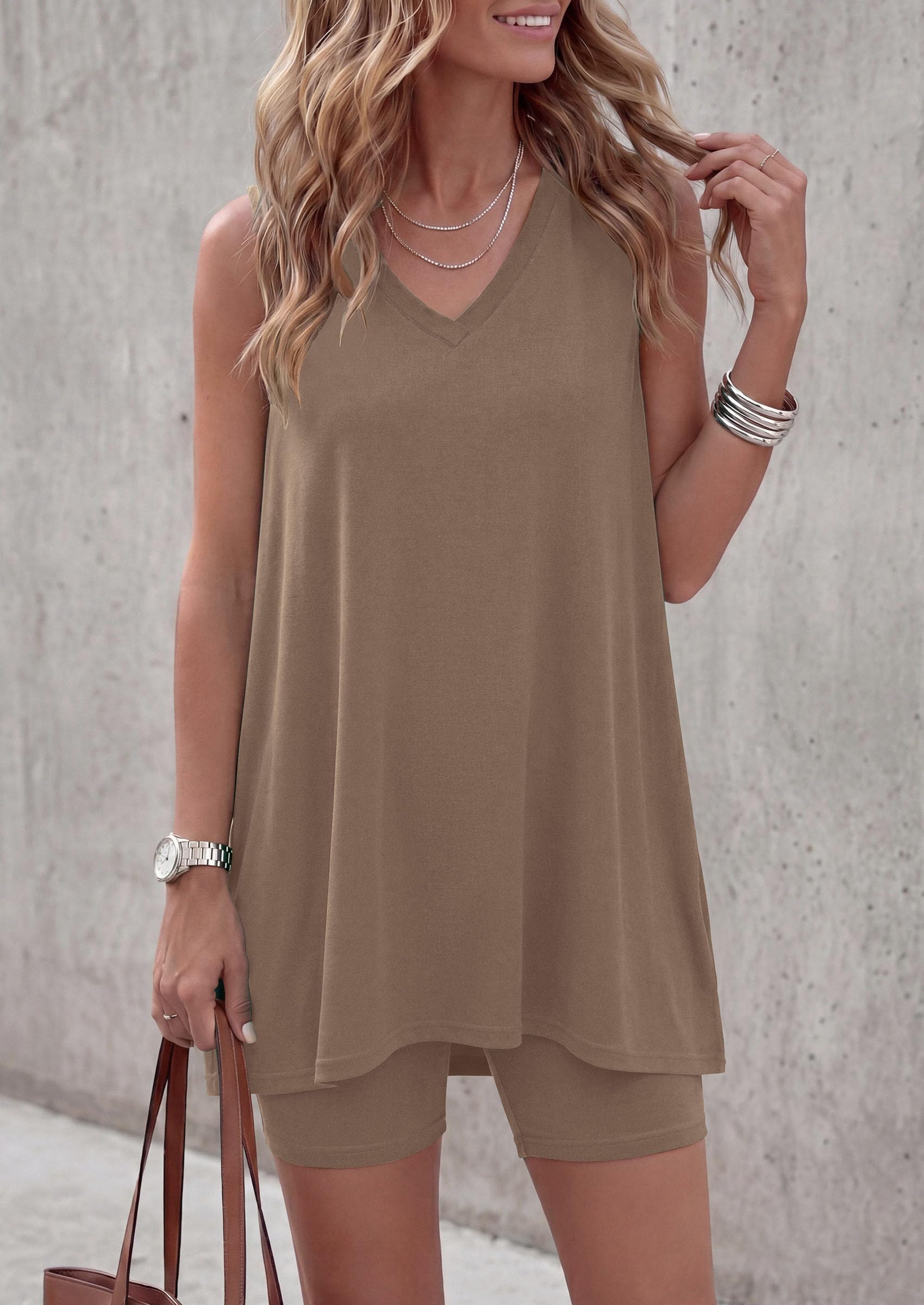Women's Summer 2 Piece Outfits Short Sets (Khaki,S)