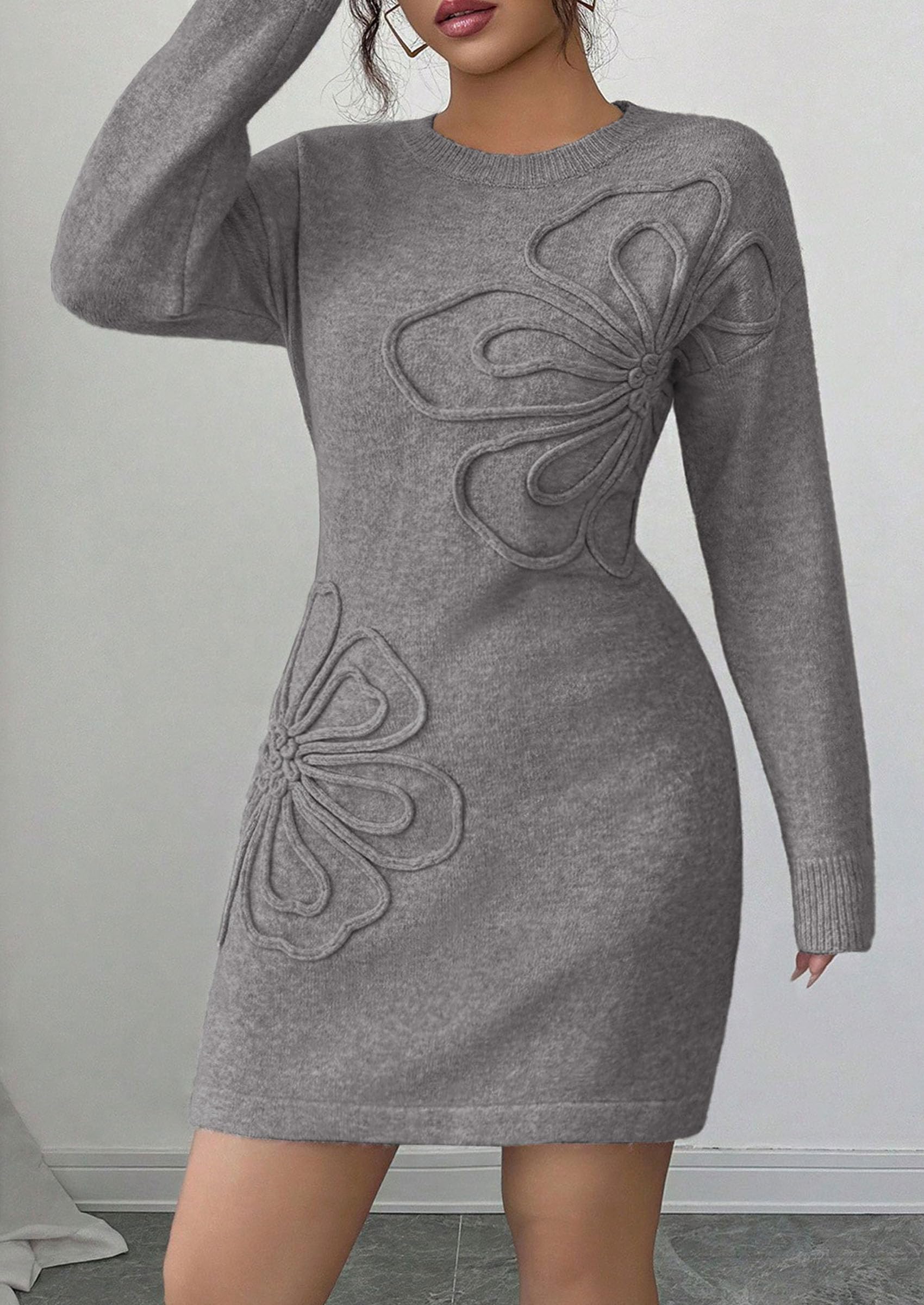 Women's Embroidered Long Sleeve Bodycon Mini Sweater Dress
