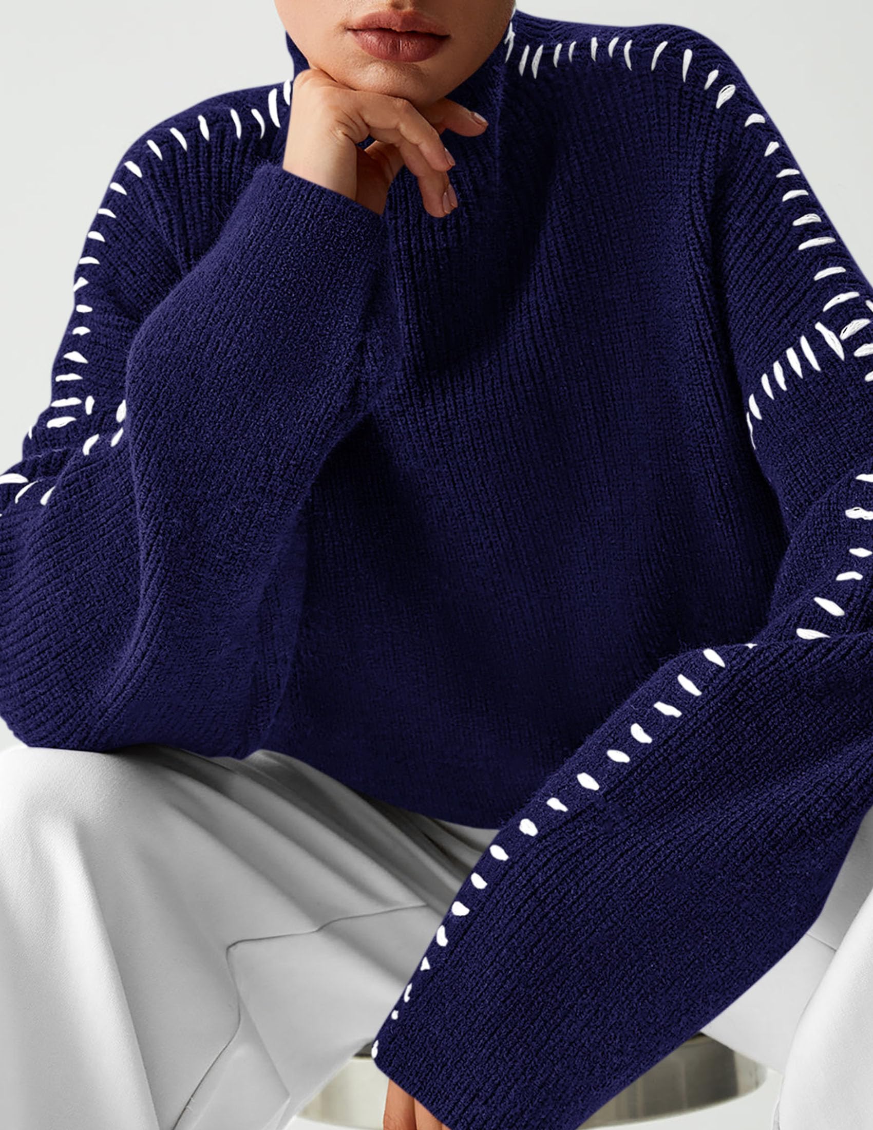 Womens Chunky Knit Oversized Pullover Sweaters,Navy Blue,S