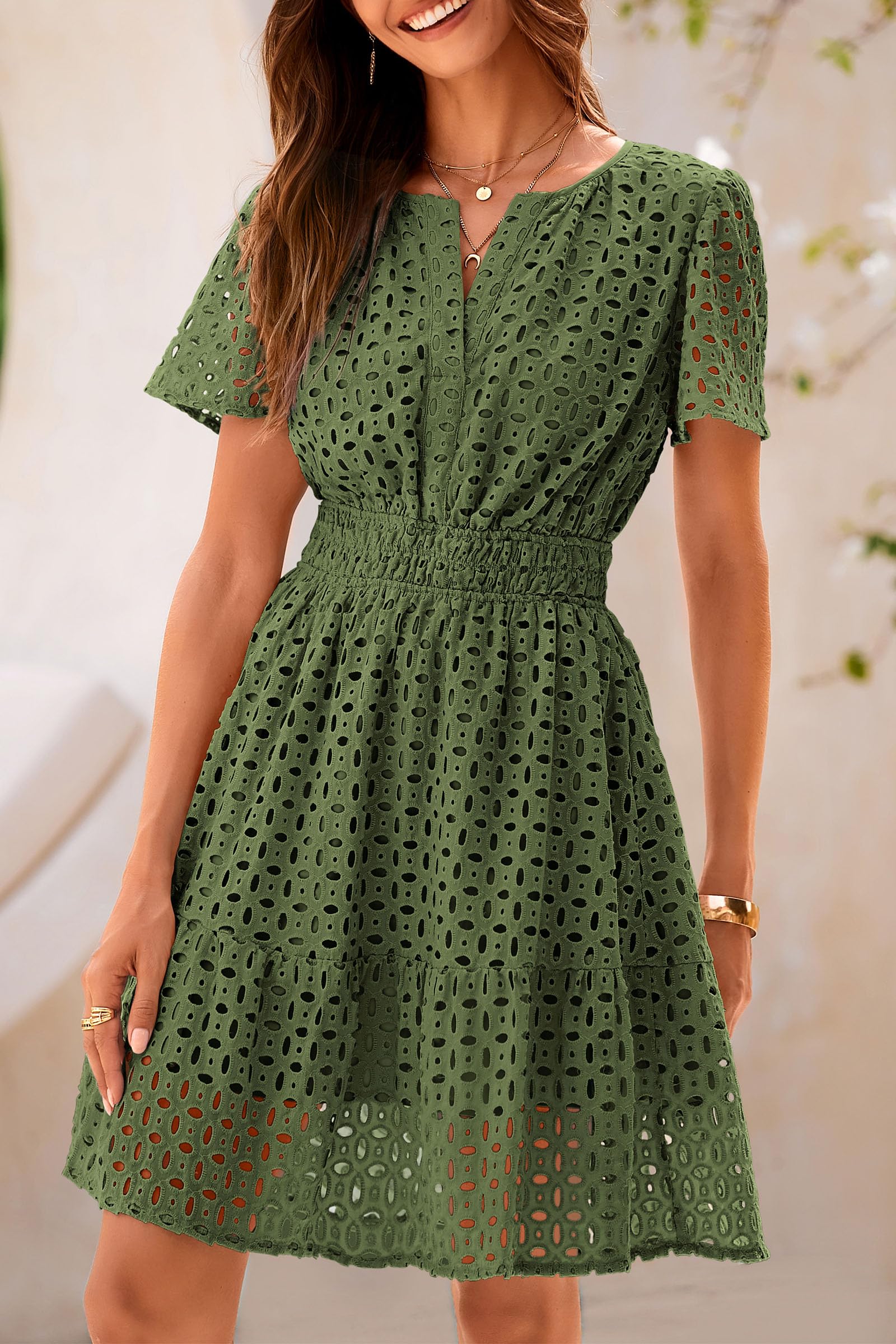Women's Summer Eyelet Lace Short Dresses (Army Green,S)