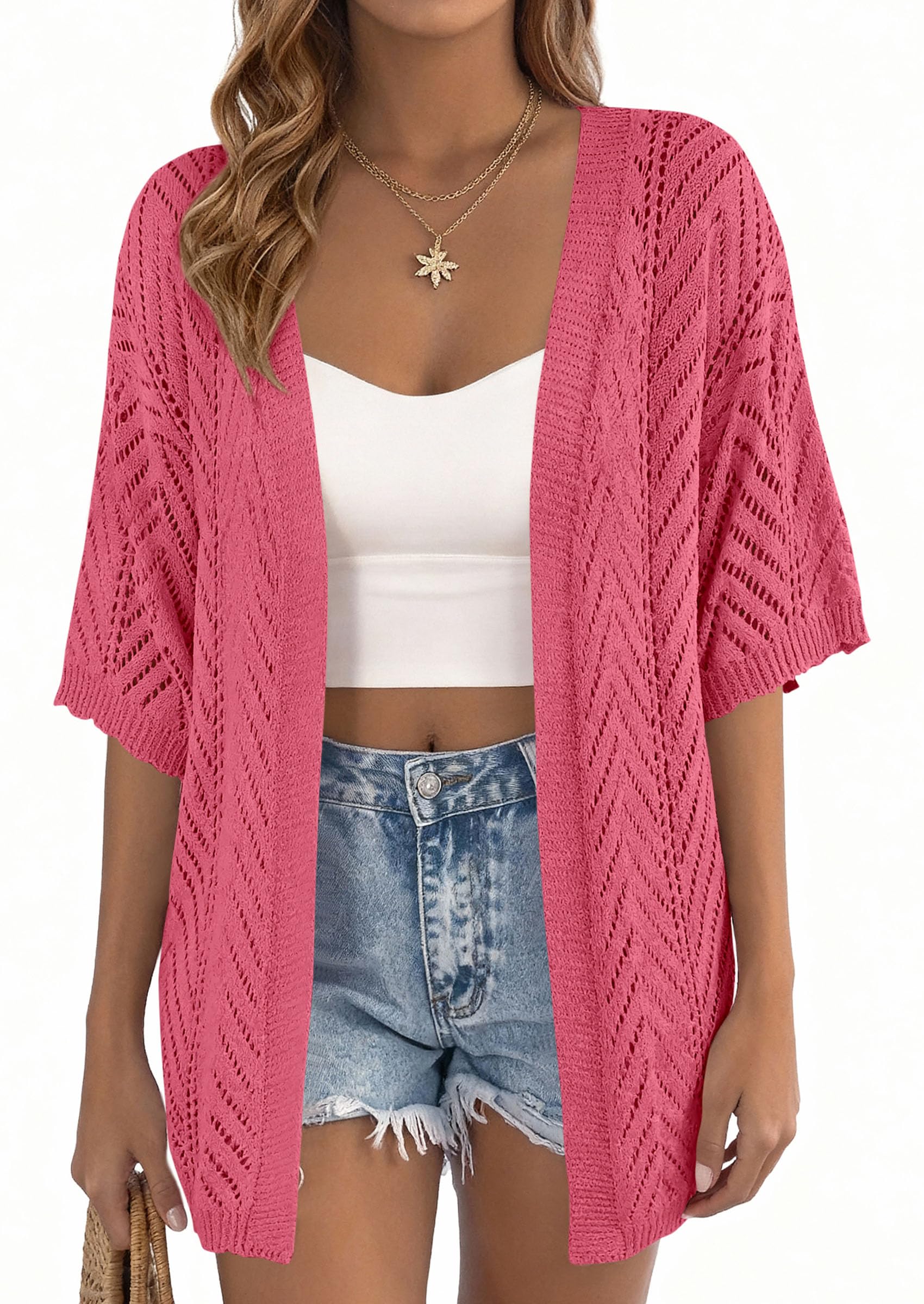 Women Lightweight Short Sleeve Cardigan, Watermelon Red,S