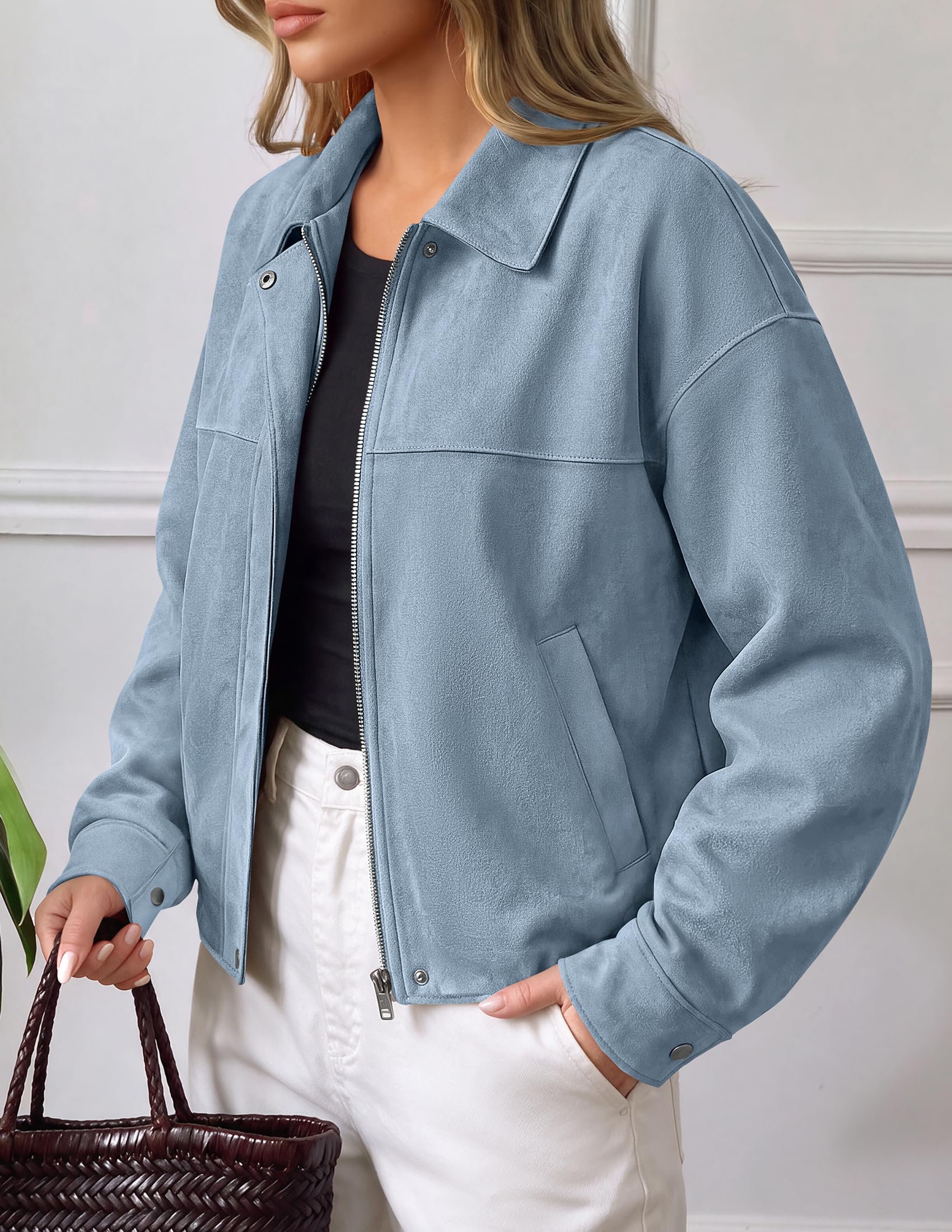 Women's Faux Suede Cropped Fall Jackets,Light Blue,S