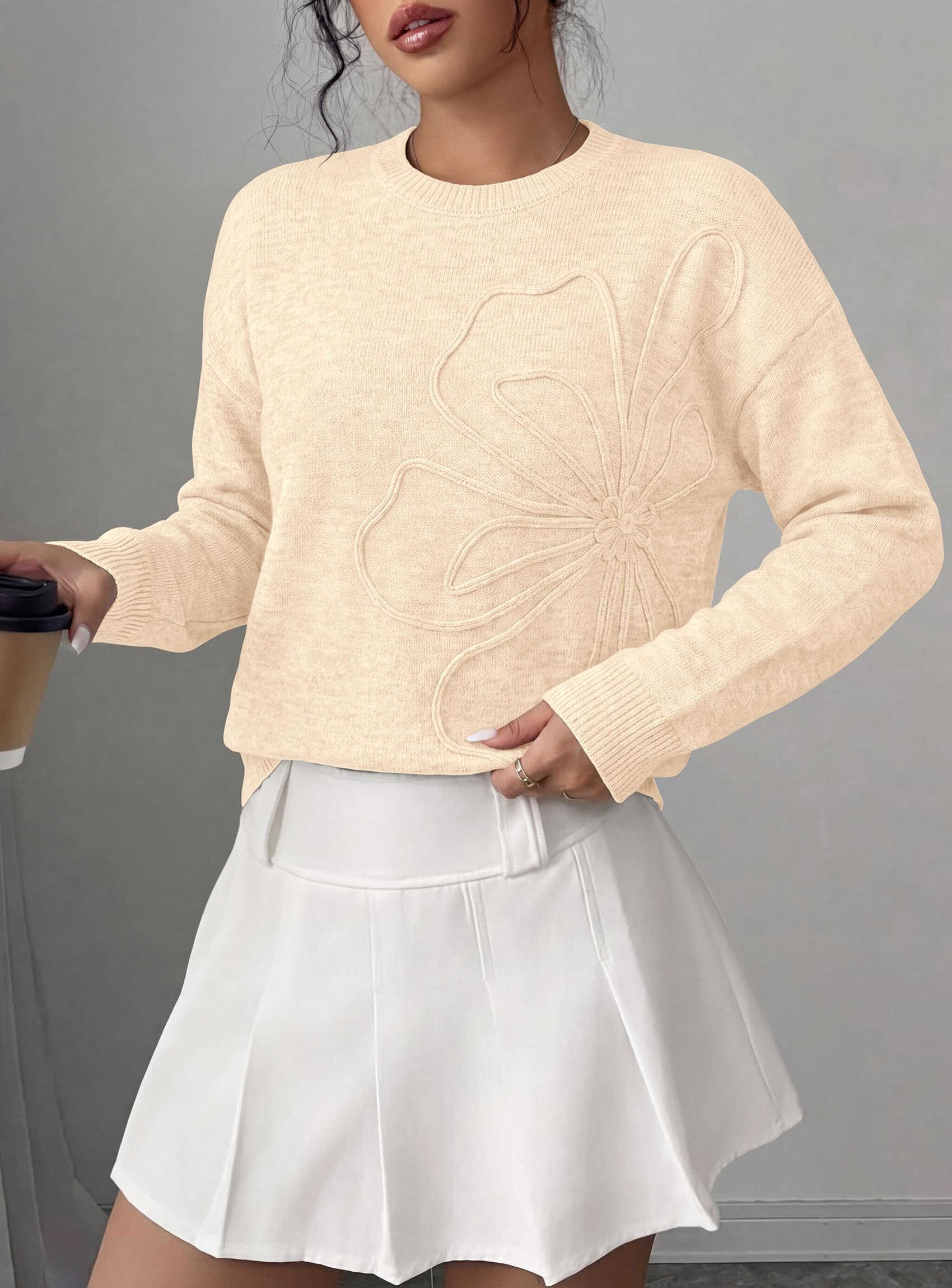 Sweaters for Women Fall Fashion Embroidered Floral Knit Tops