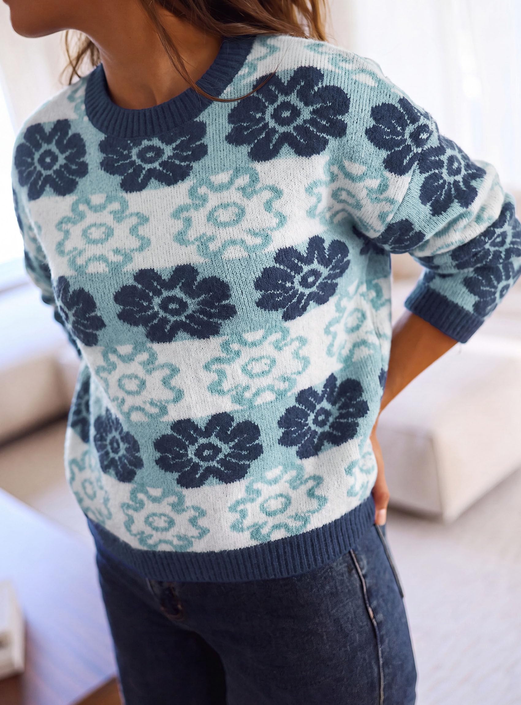 Women's Floral Crewneck Sweater Knit Pullover,Blue,S