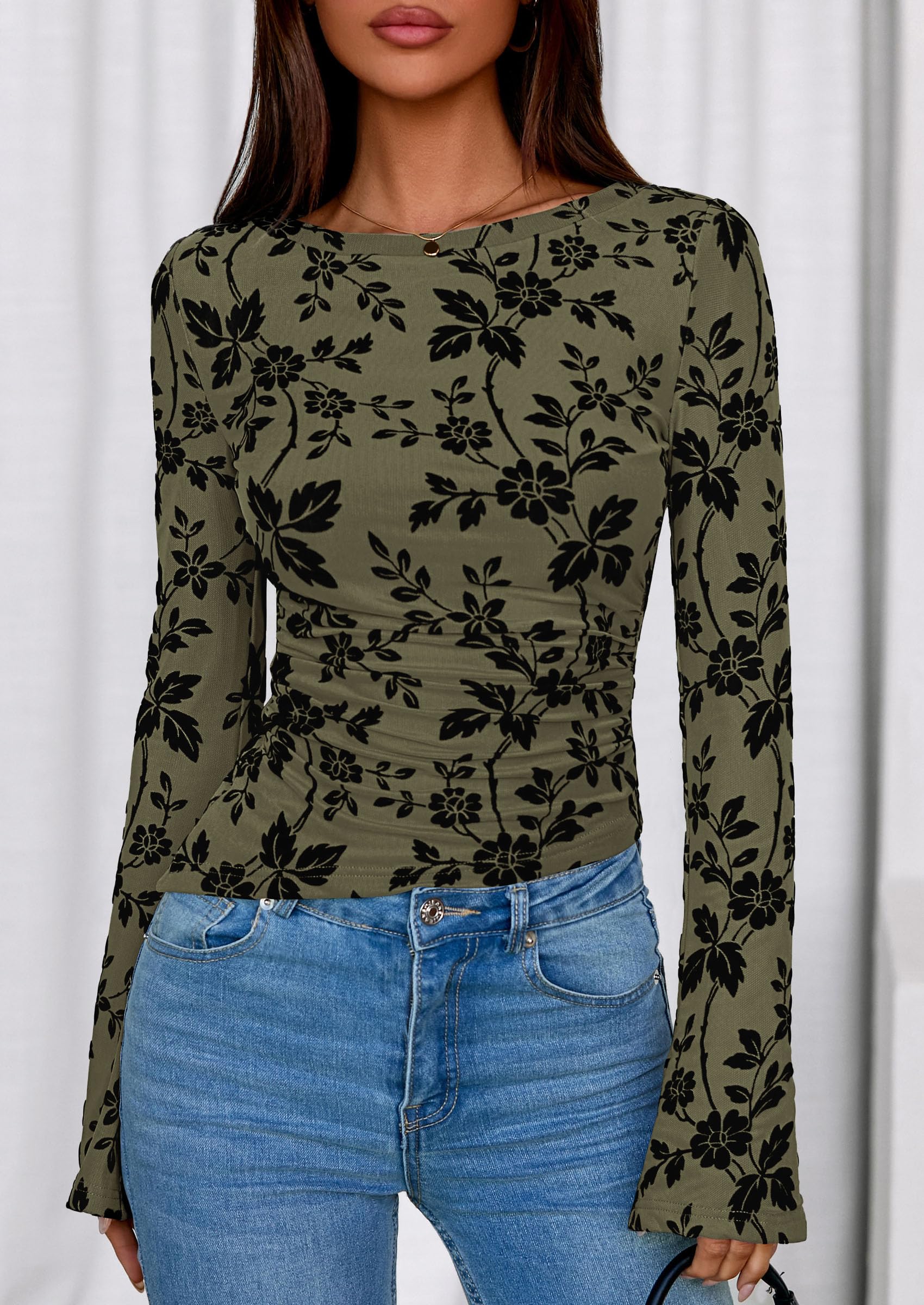 Women's Long Bell Sleeve Y2K Tops Boho Floral Mesh Blouses