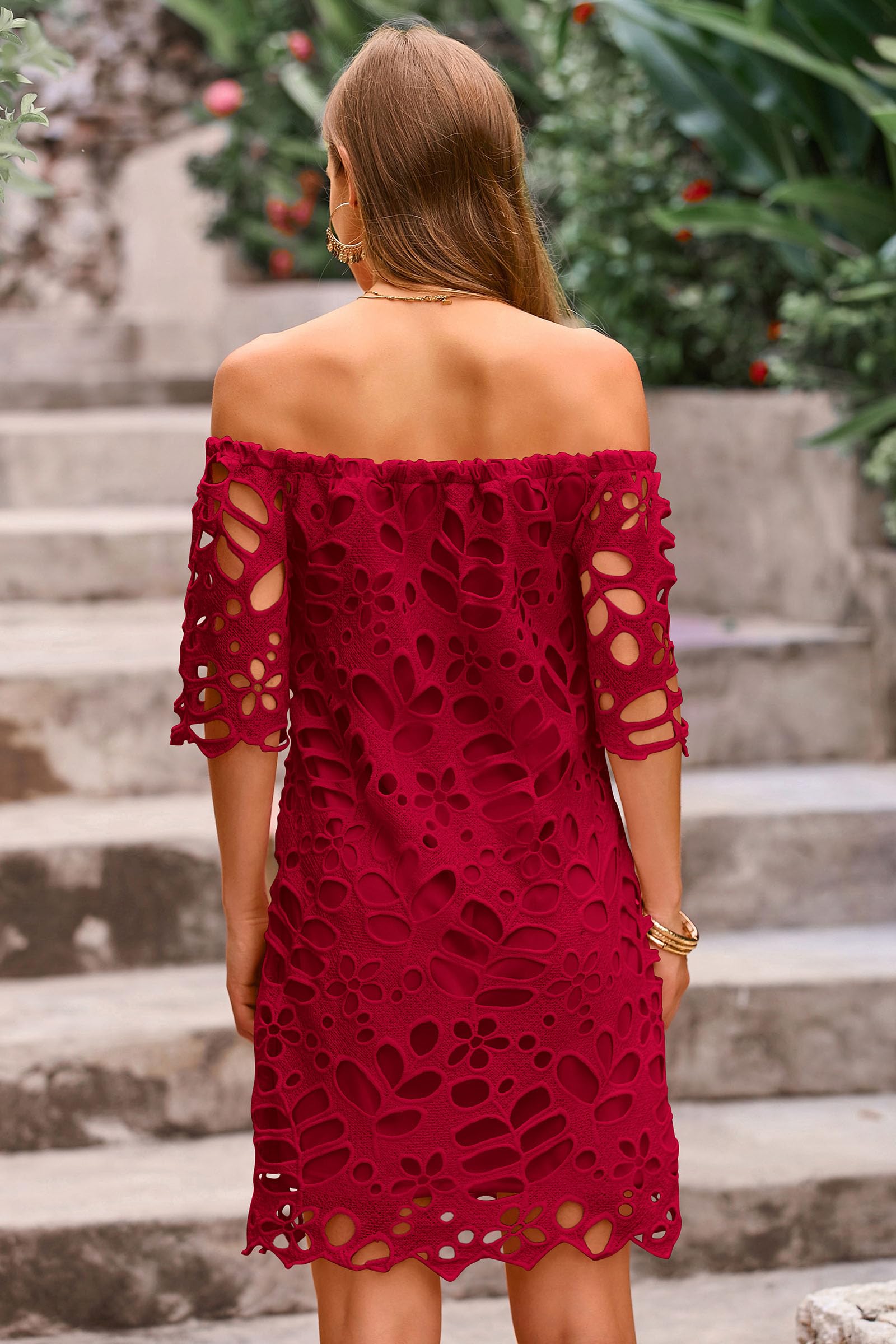 Women's Boho Off the Shoulder Lace Mini Dress, Wine Red,S
