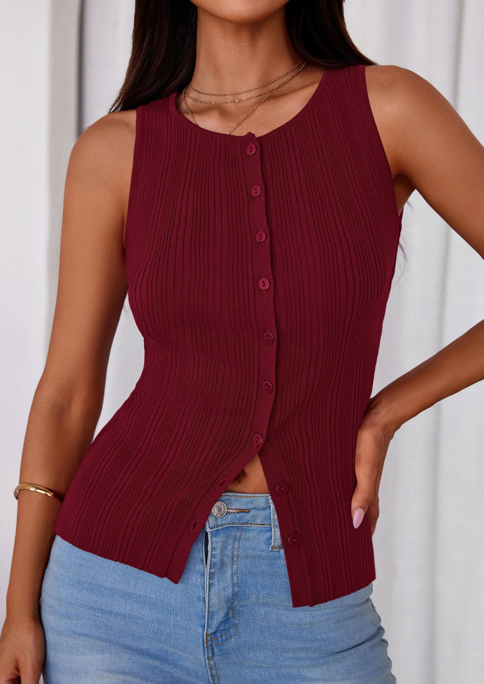 Sleeveless Button Down Shirts for Women Summer 2026 Going Out Ribbed Knit Tank Tops Y2K Clothes Trendy Vest Tops Wine Red