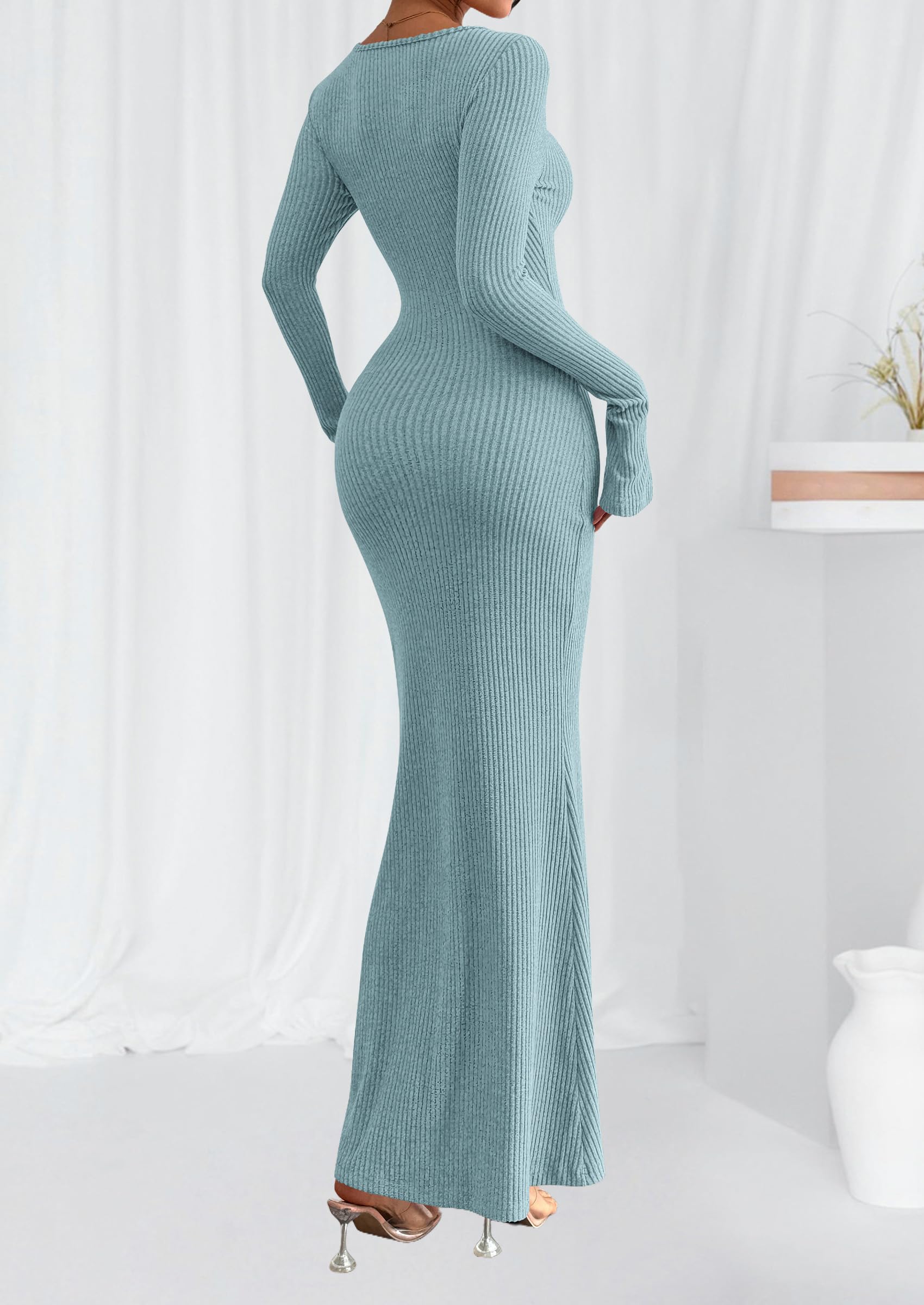 Women's Fall Long Sleeve Bodycon Maxi Dresses (Light Blue,XS)
