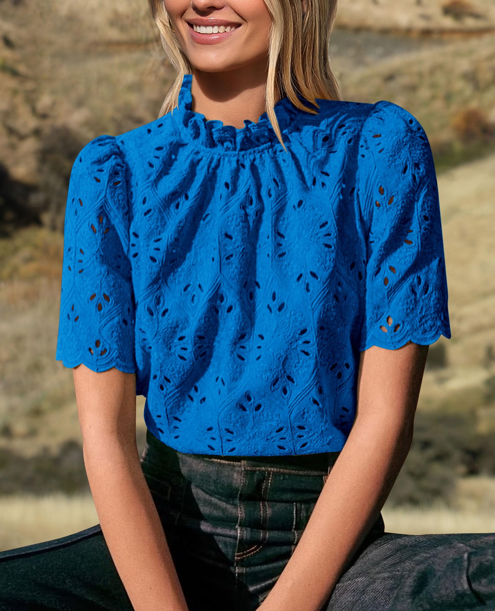 Women Summer Tops Eyelet Embroidered Shirts,Brilliant Blue,XS