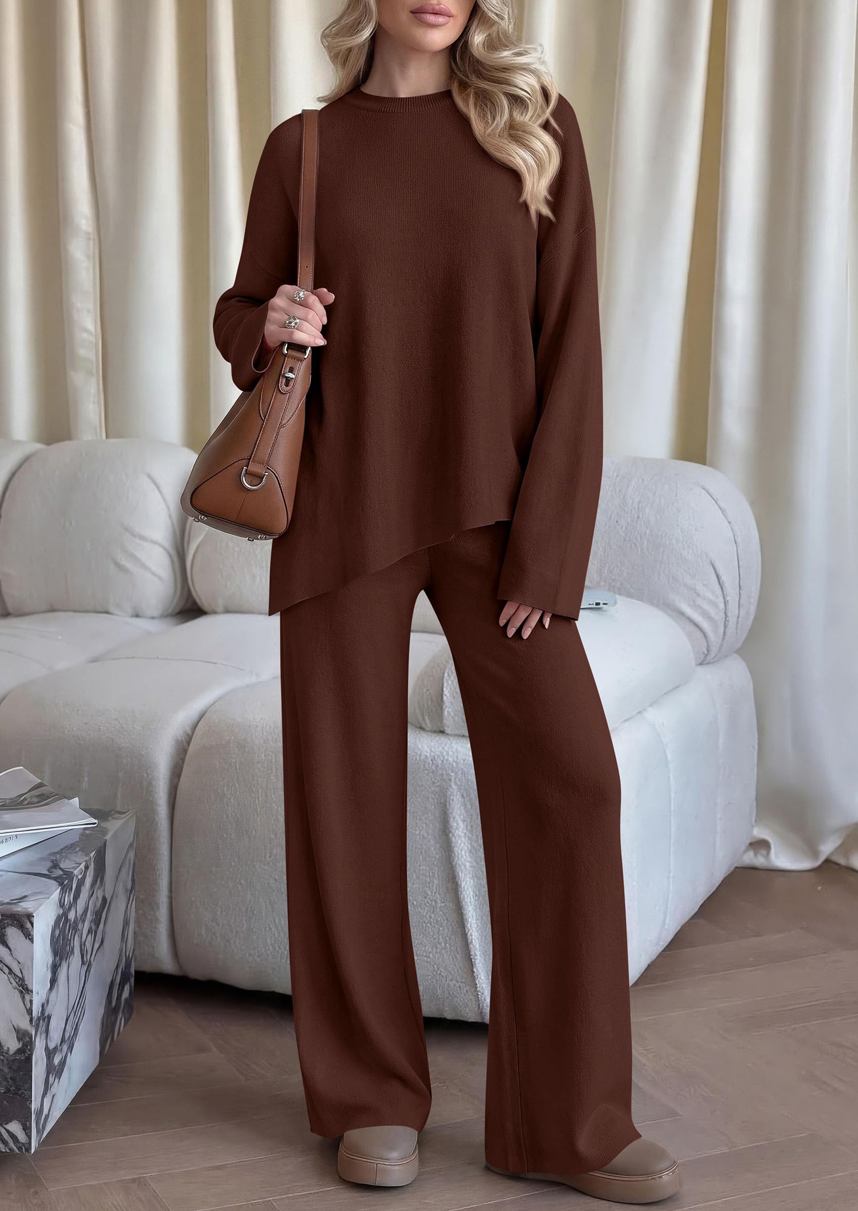 Womens Fall 2 Piece Asymmetric Cozy Sweater Travel Lounge Sets