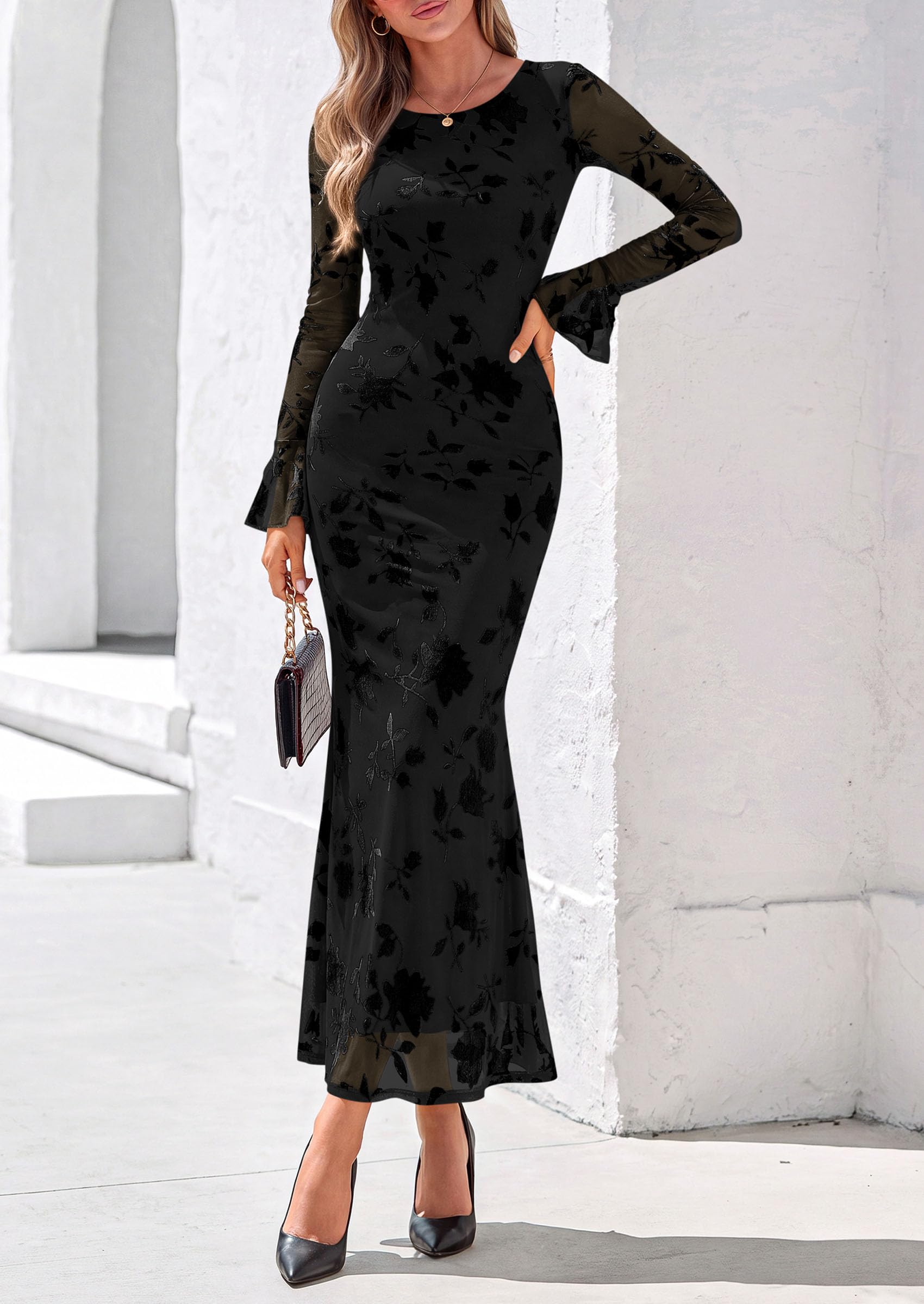 Women's Long Sleeve Maxi Floral Mesh Fall Wedding Guest Dress