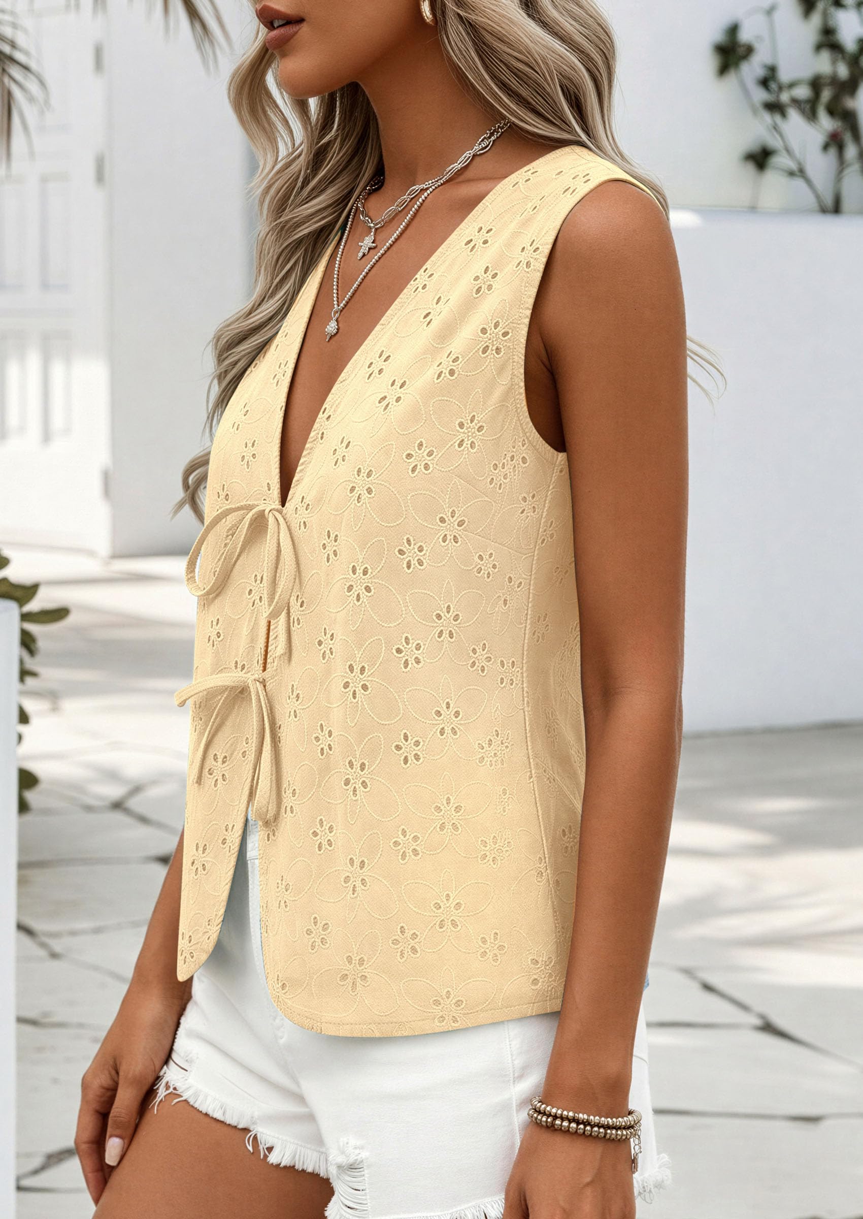 Women's Summer Eyelet Lace Tie Front Vest Tops Beige Yellow,S