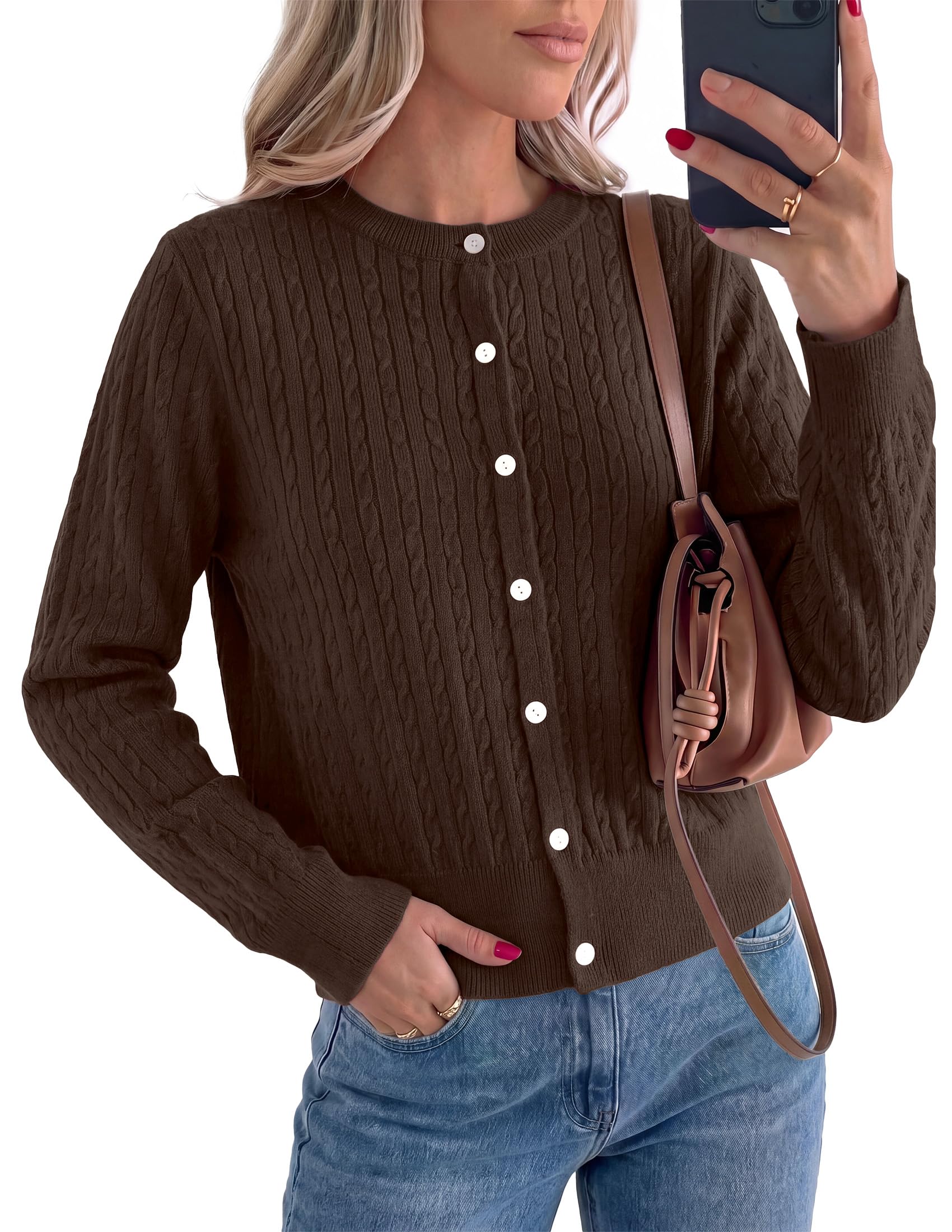 Women Fall Lightweight Cardigans Button Up Cable Knit Sweaters