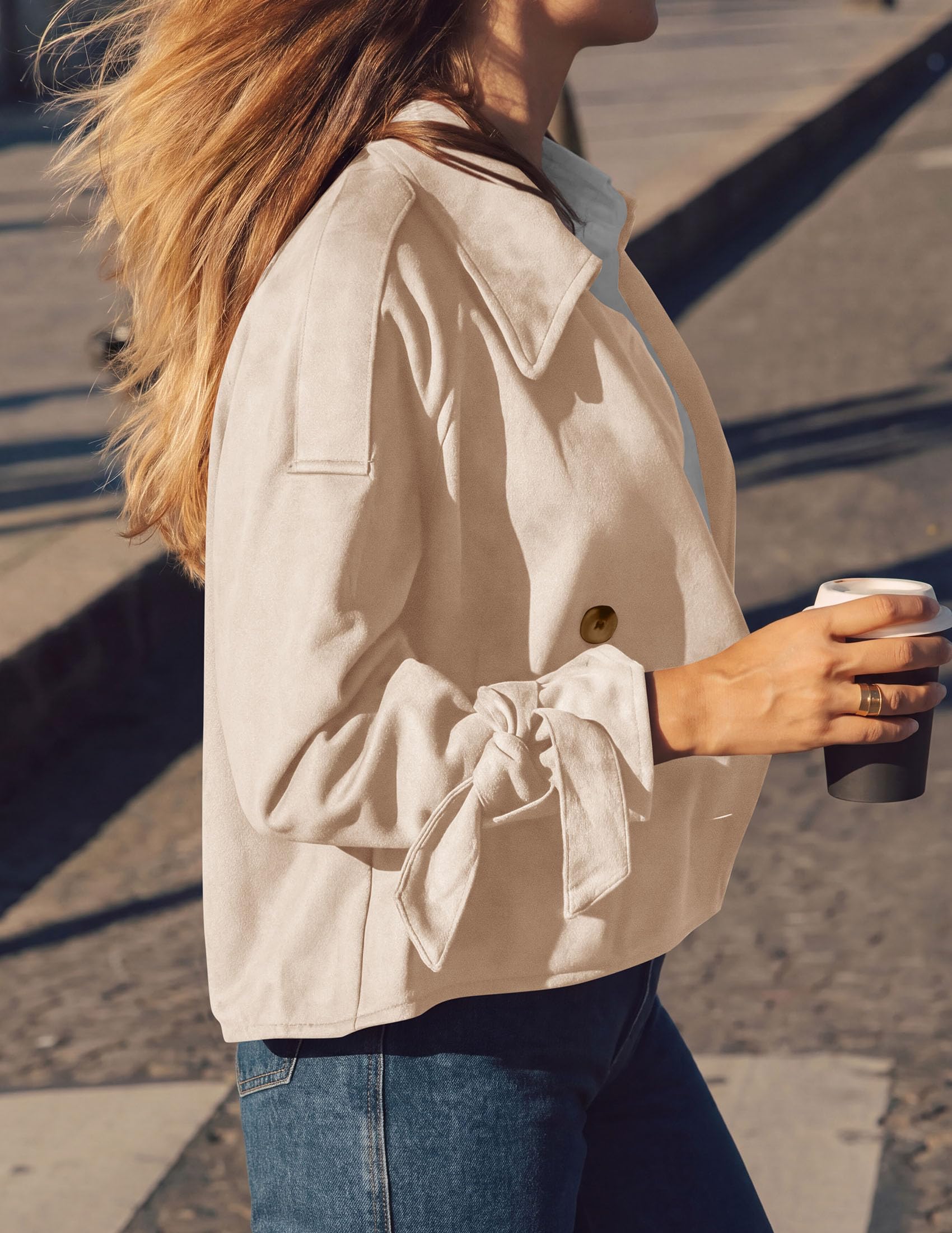 Women Faux Suede Double Breasted Trench Coat Cropped Jackets