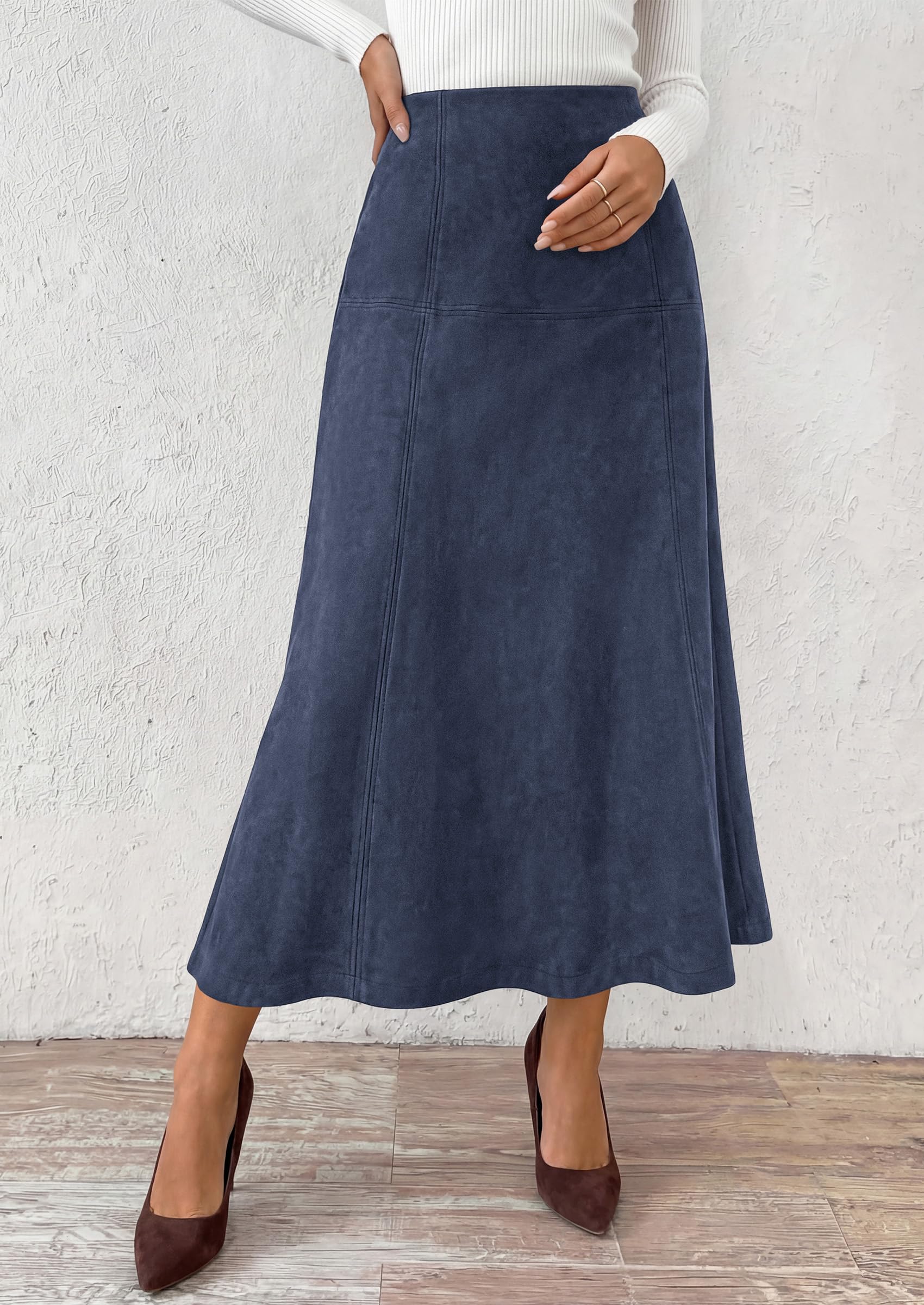 Womens High Waist Faux Suede A Line Midi Skirt,Navy,S