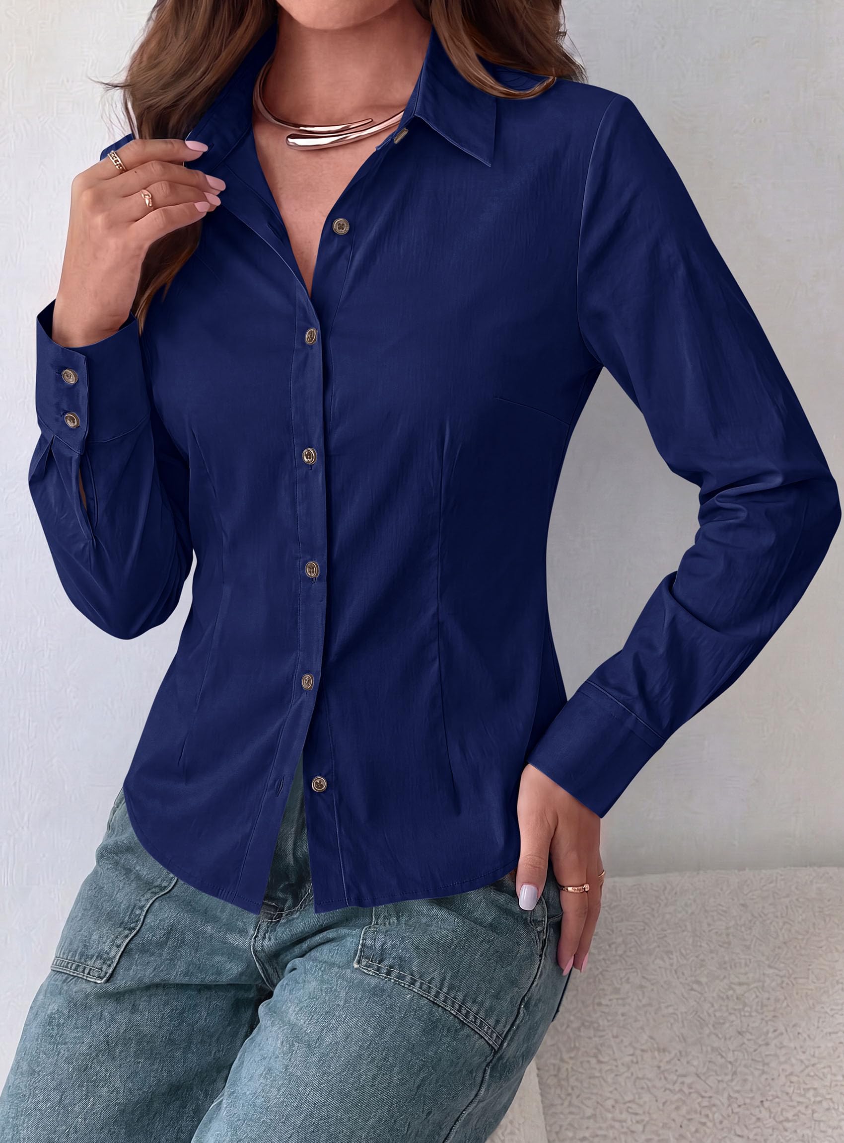 Womens Button Down Shirts Long Sleeve Blouse (Navy,S)