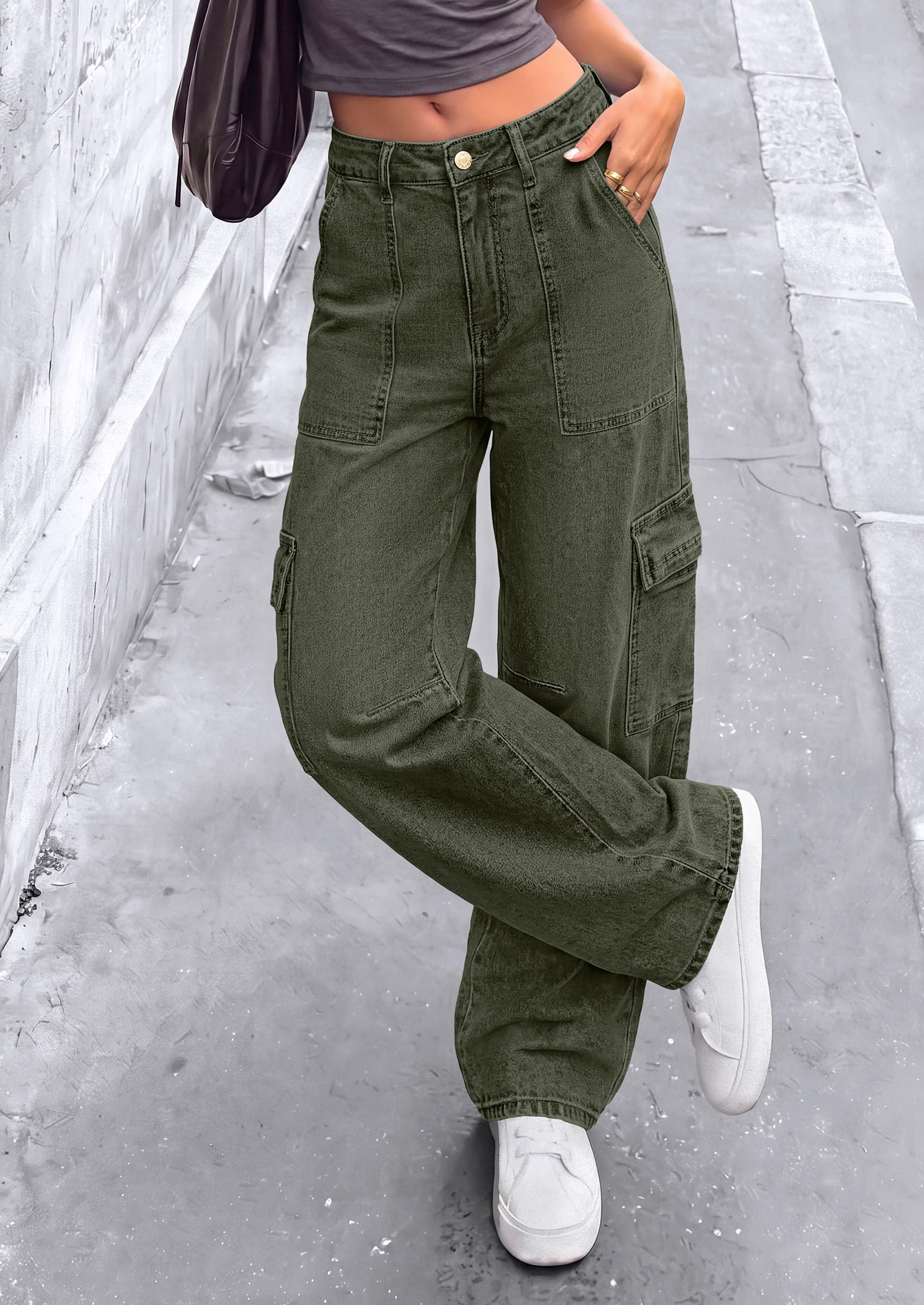 Barrel Pants Women Wide Leg Baggy Denim Jeans Army Green,4