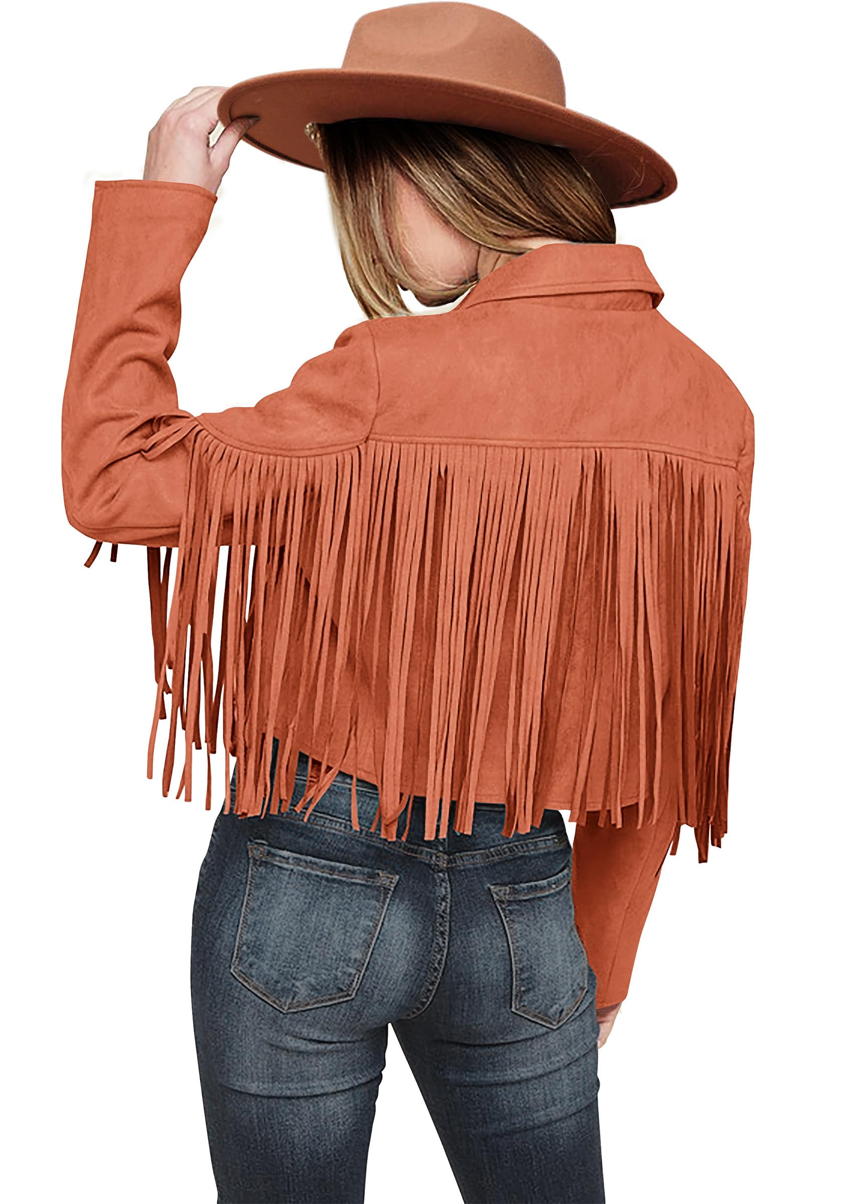 Women's Fringe Faux Suede Leather Jackets,Orange,XL