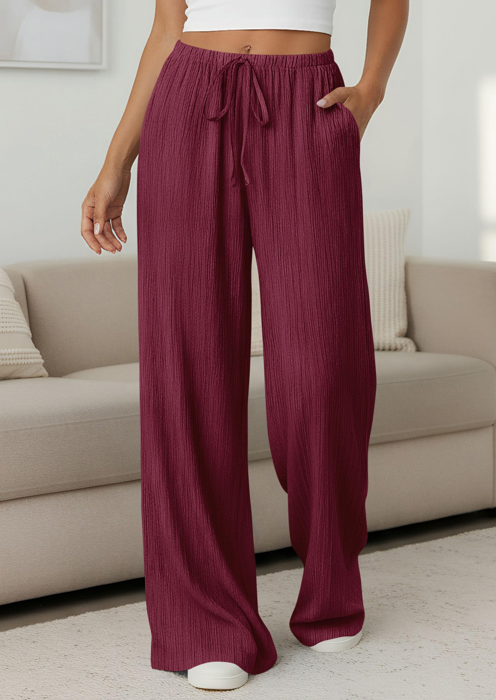 Women's Palazzo Pants Casual Wide Leg Trousers,Burgundy,S