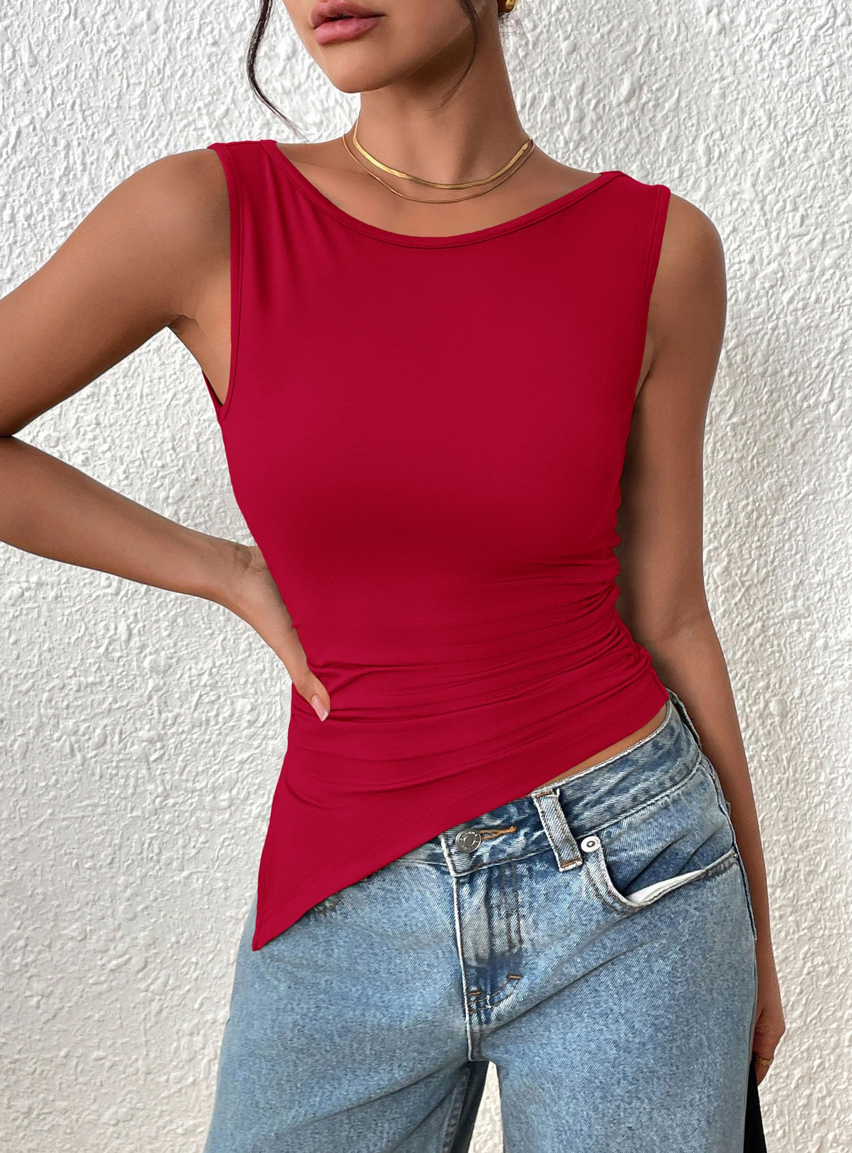 Women's Ruched Tank Tops Summer Y2K Shirts,Red,S
