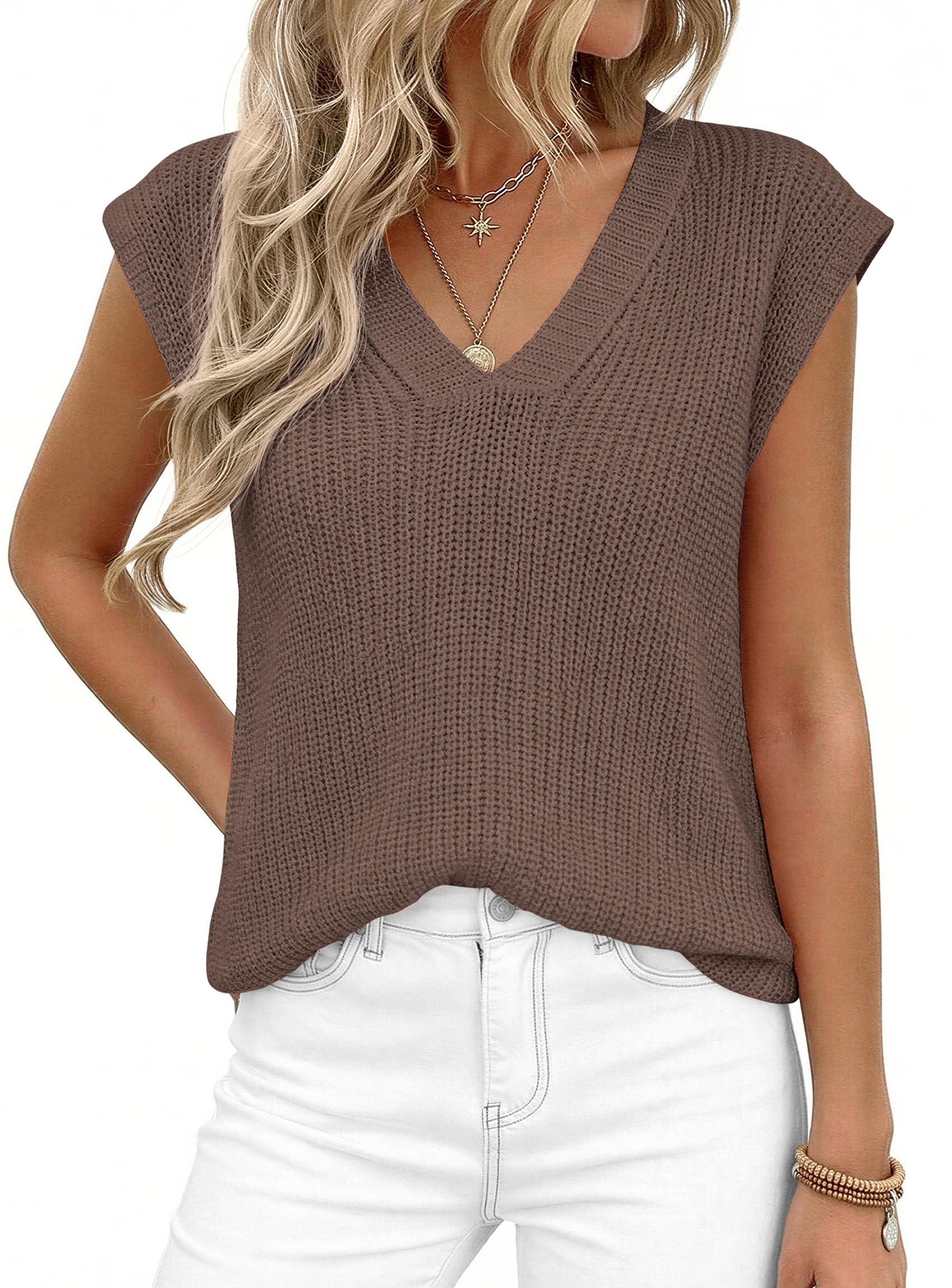 Women's Cap Sleeve Sweaters Vest Summer Tops (Brown,S)