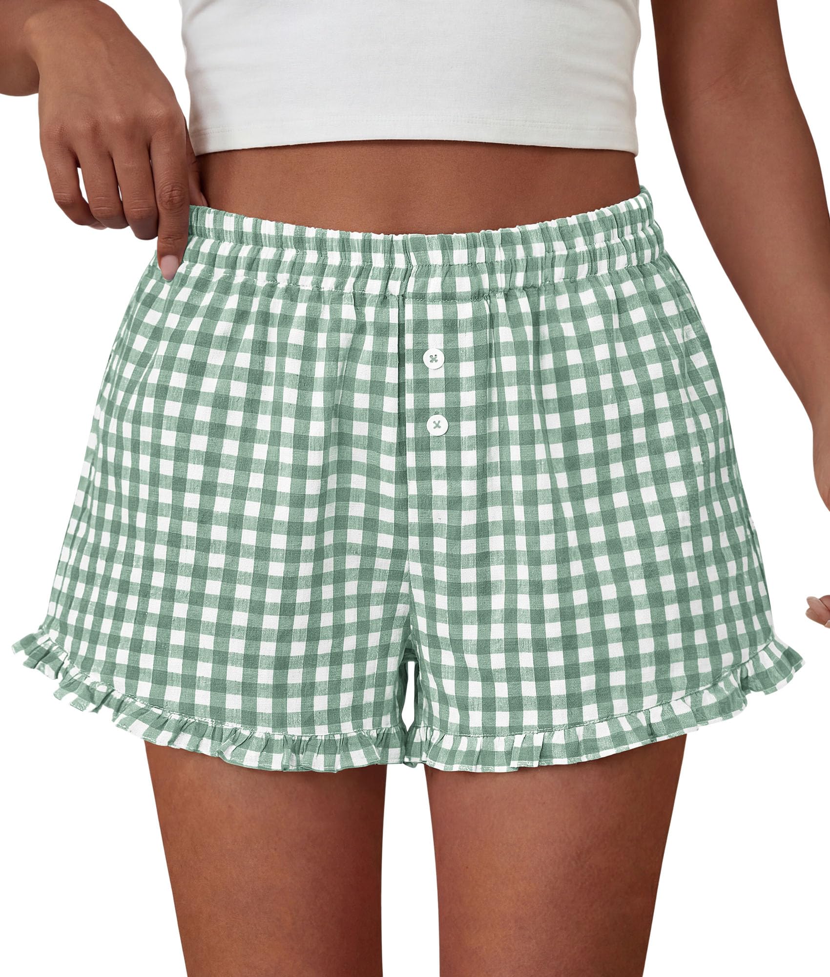 Womens Boxer Shorts Striped Gingham Ruffle Pajama Bottoms