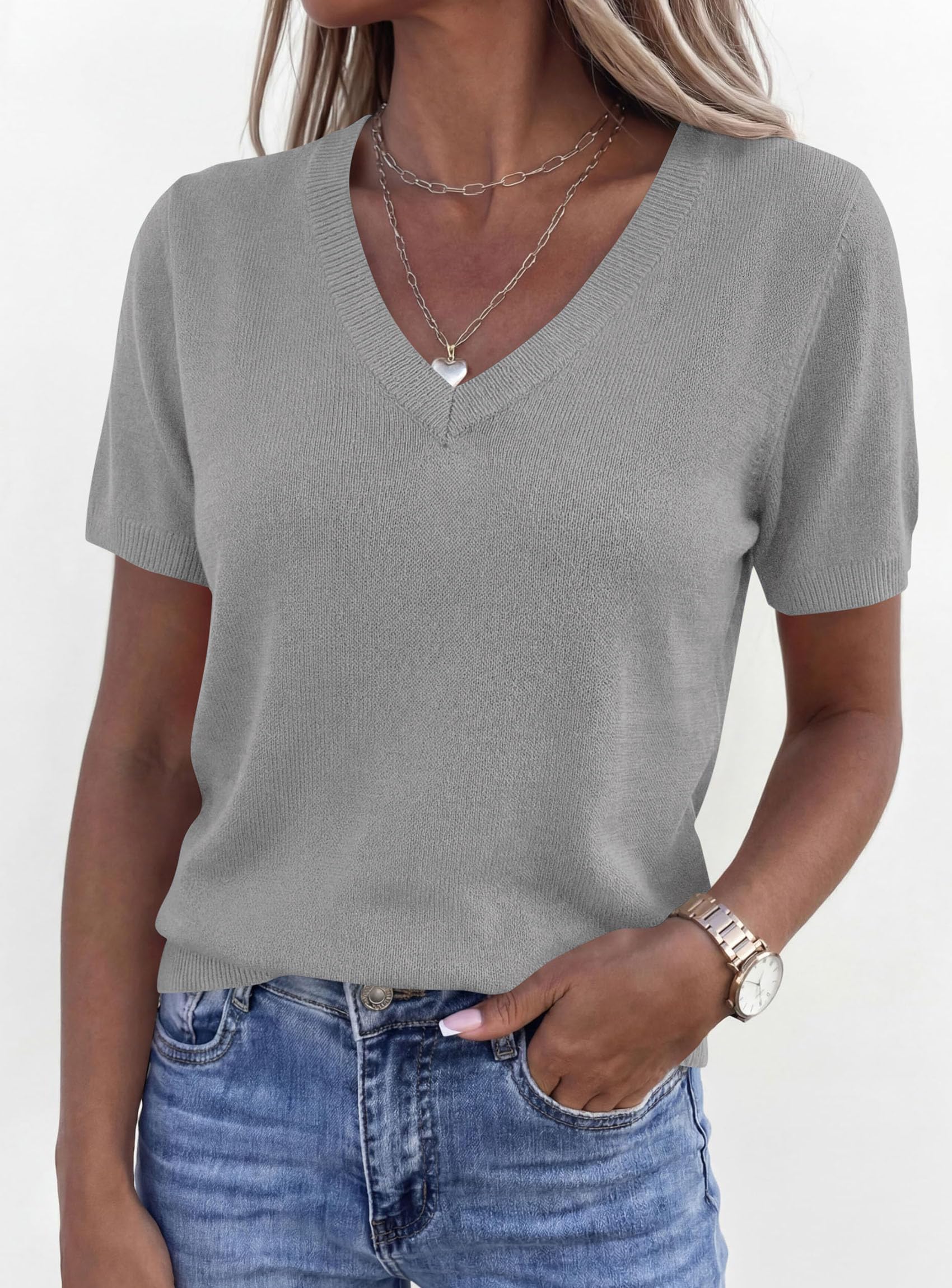Womens Short Sleeve Sweater V Neck Tops,Grey,S