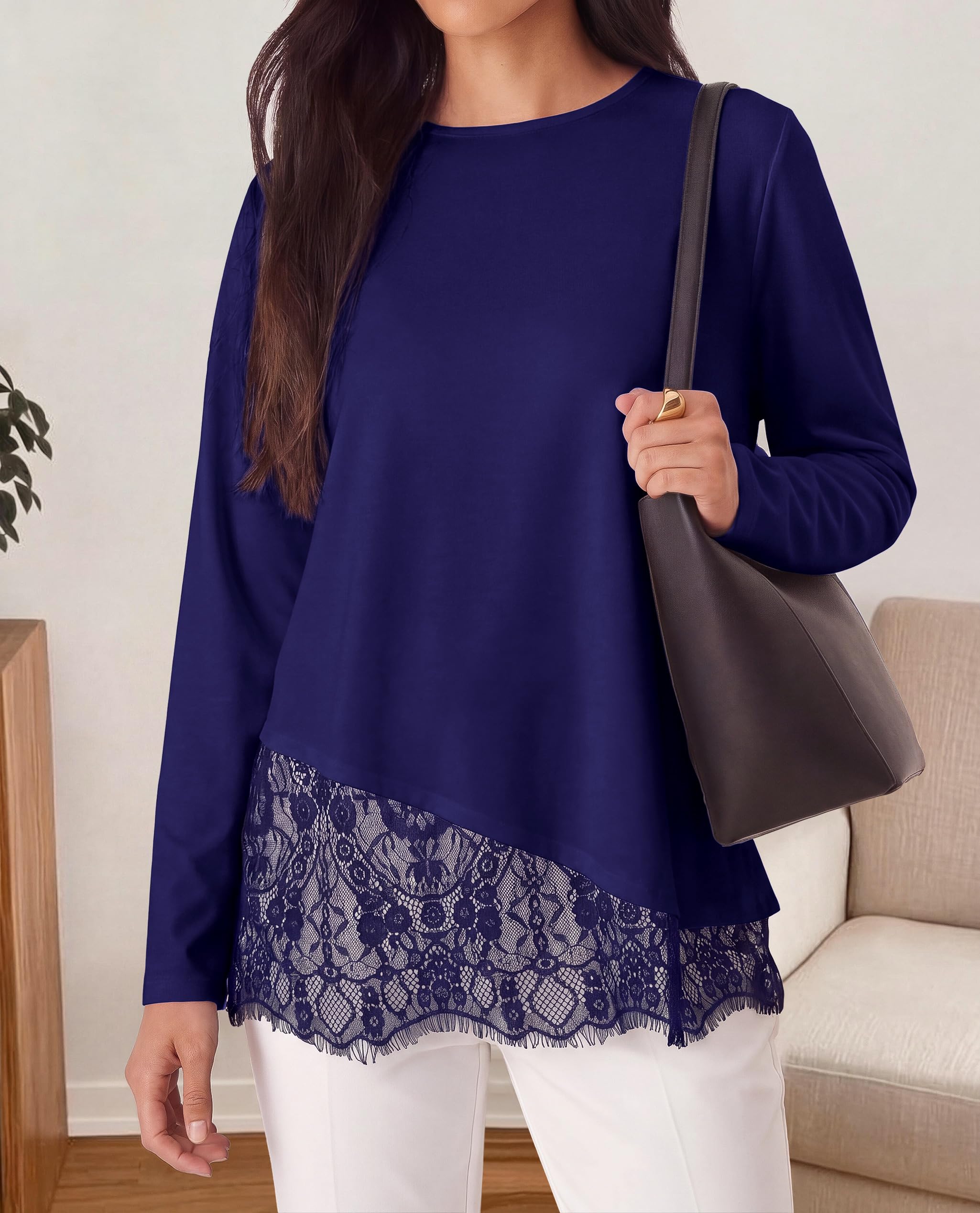 Women's Lace Patchwork Long Sleeve Shirts,Navy,S