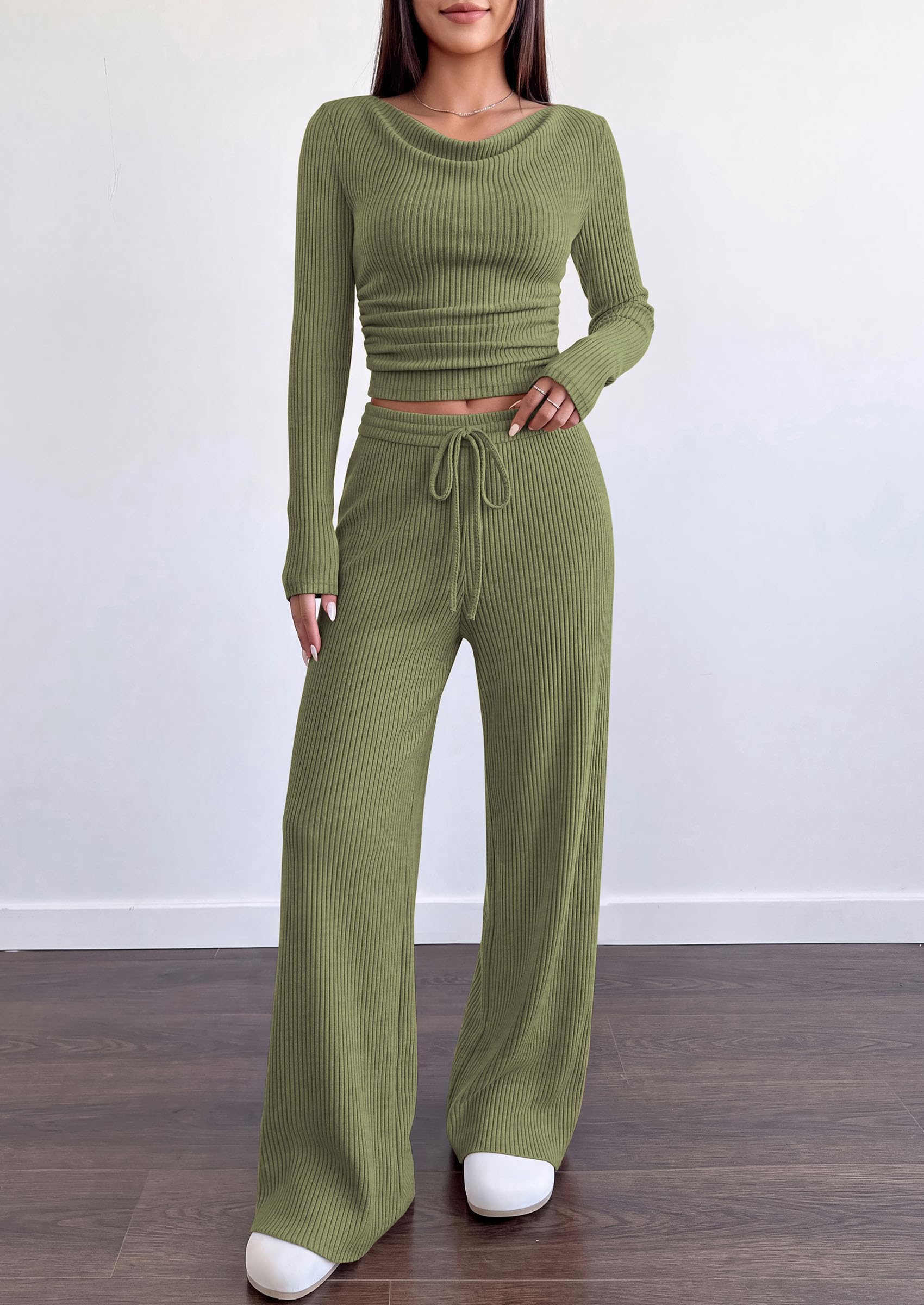 Matching Sets Women Clothing Fall Ribbed 2 Piece Lounge Set