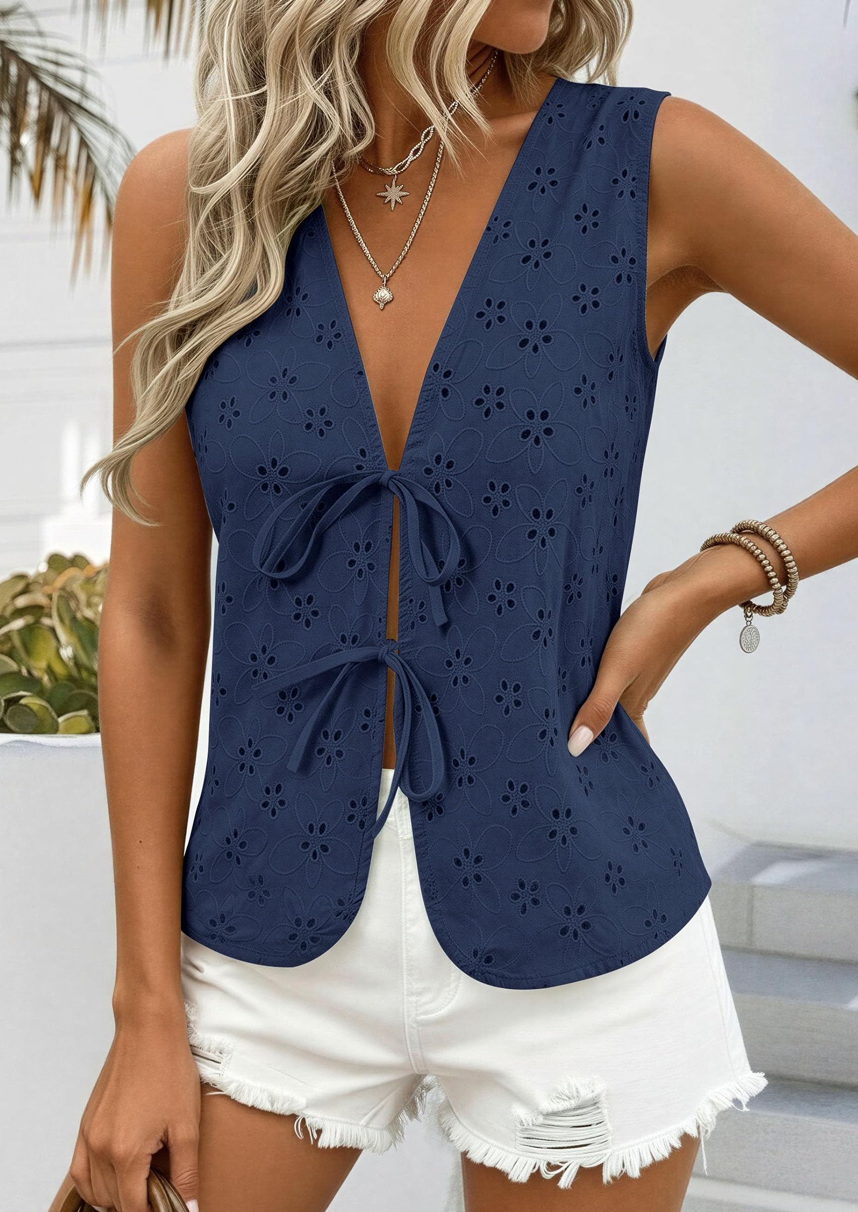 Women's Summer Eyelet Lace Tie Front Vest Tops (Navy Blue,S)