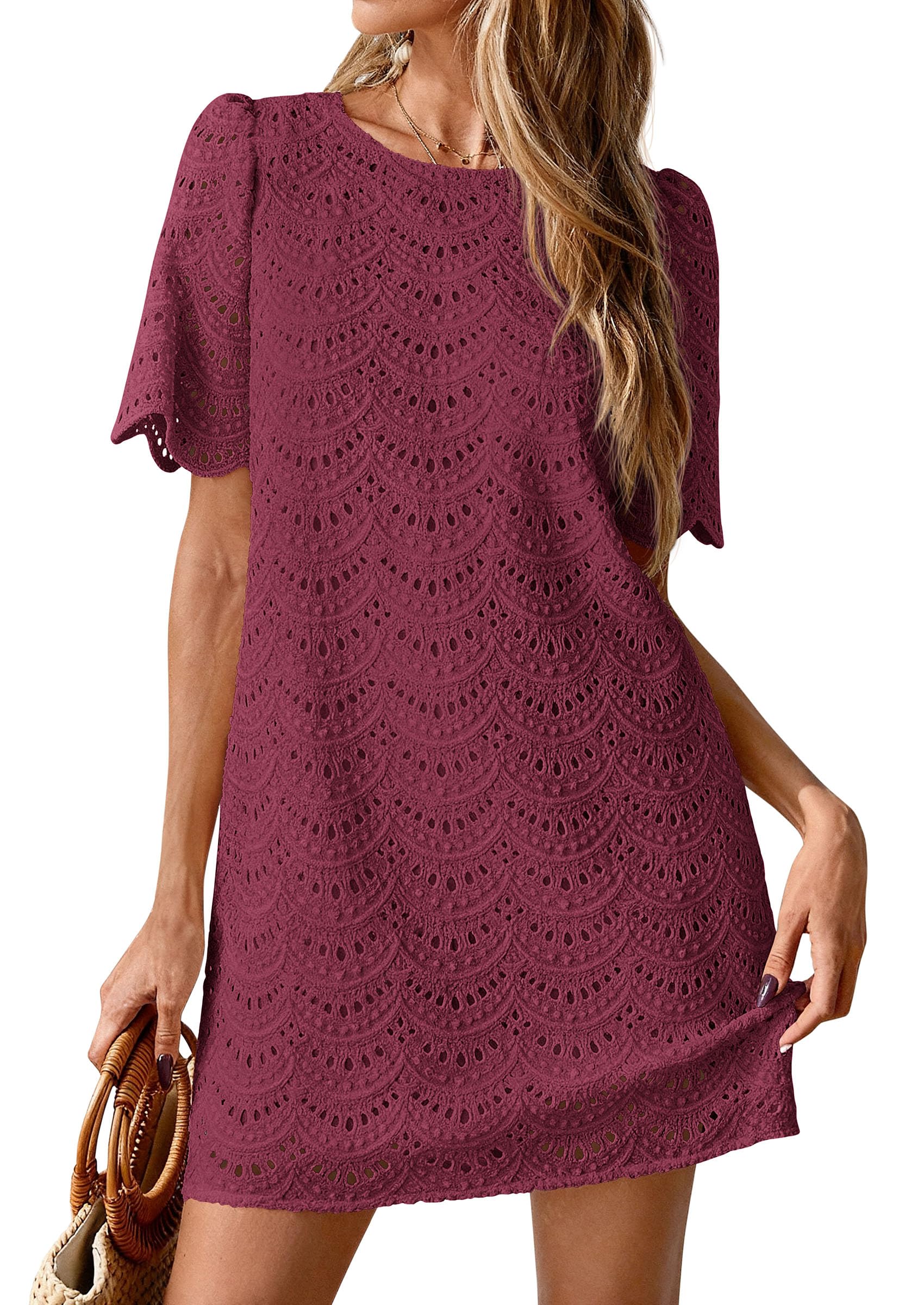 Women's Summer Eyelet Lace Short Dress (Burgundy,S)