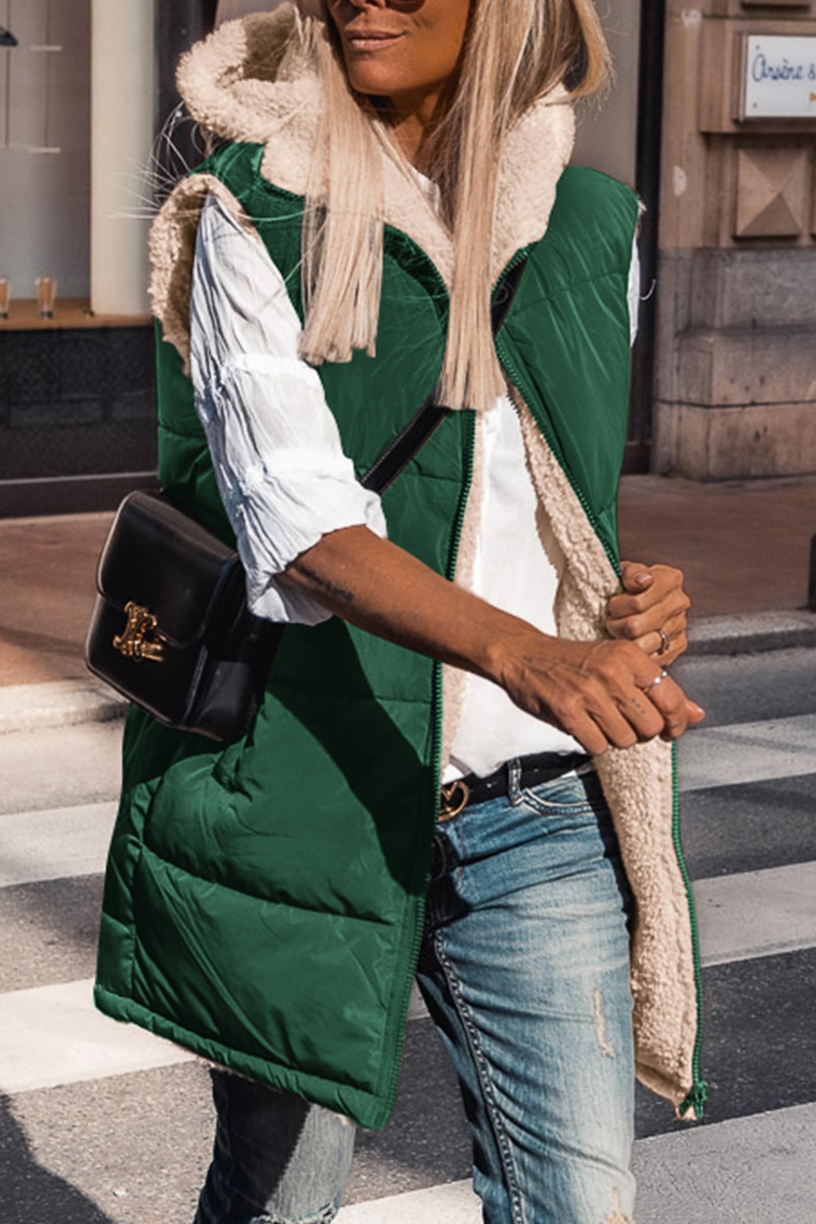 Women's Winter Reversible Fleece Long Vests(Dark Green,M)