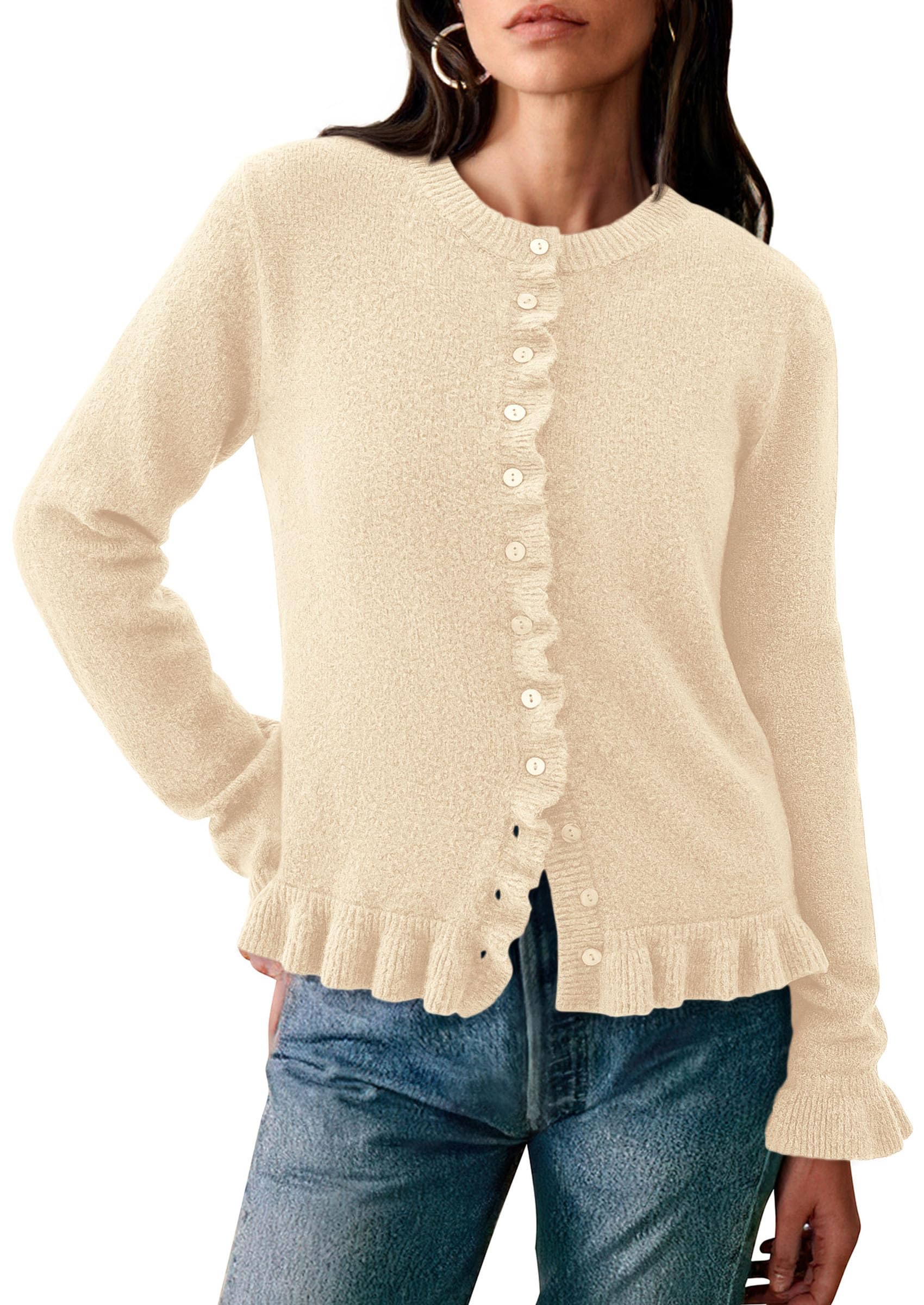 Womens Ruffle Button Down Cardigan Sweaters,Beige,S