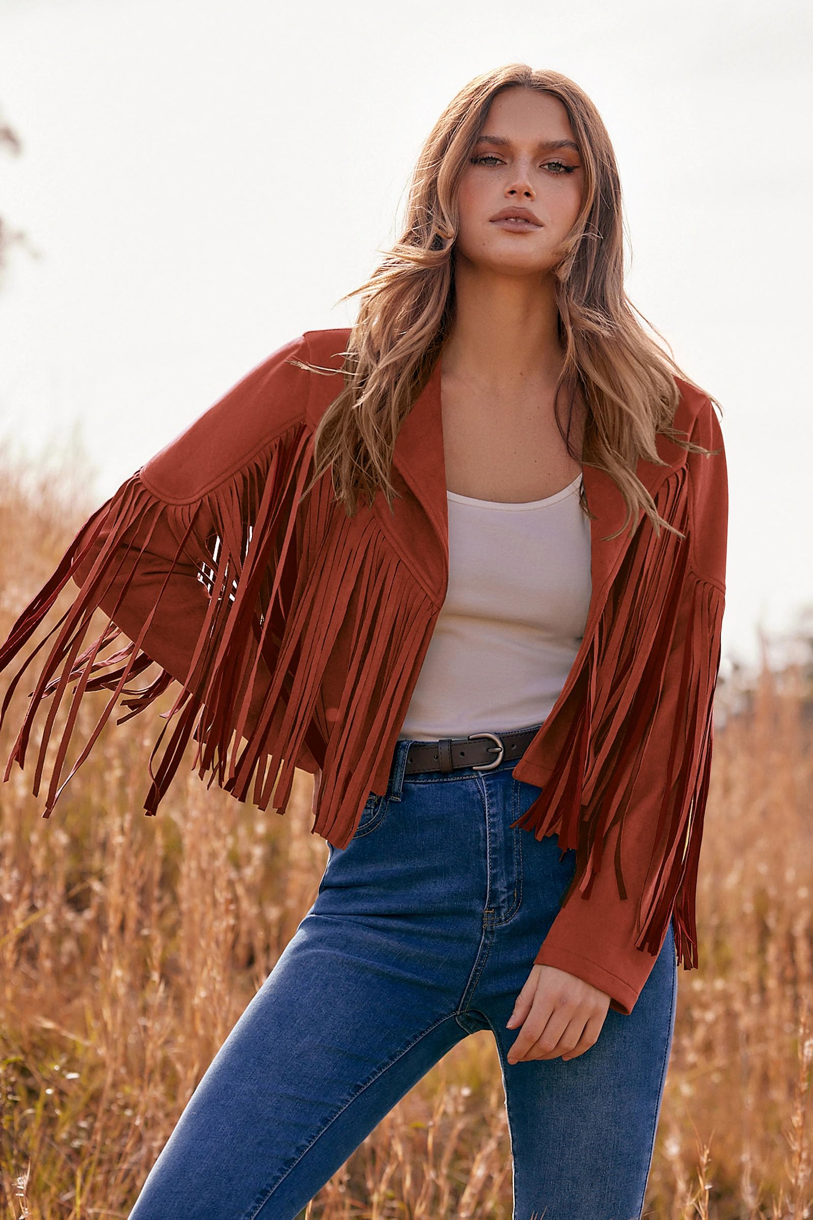Women's Fringe Faux Suede Leather Jackets,Brick Red,S