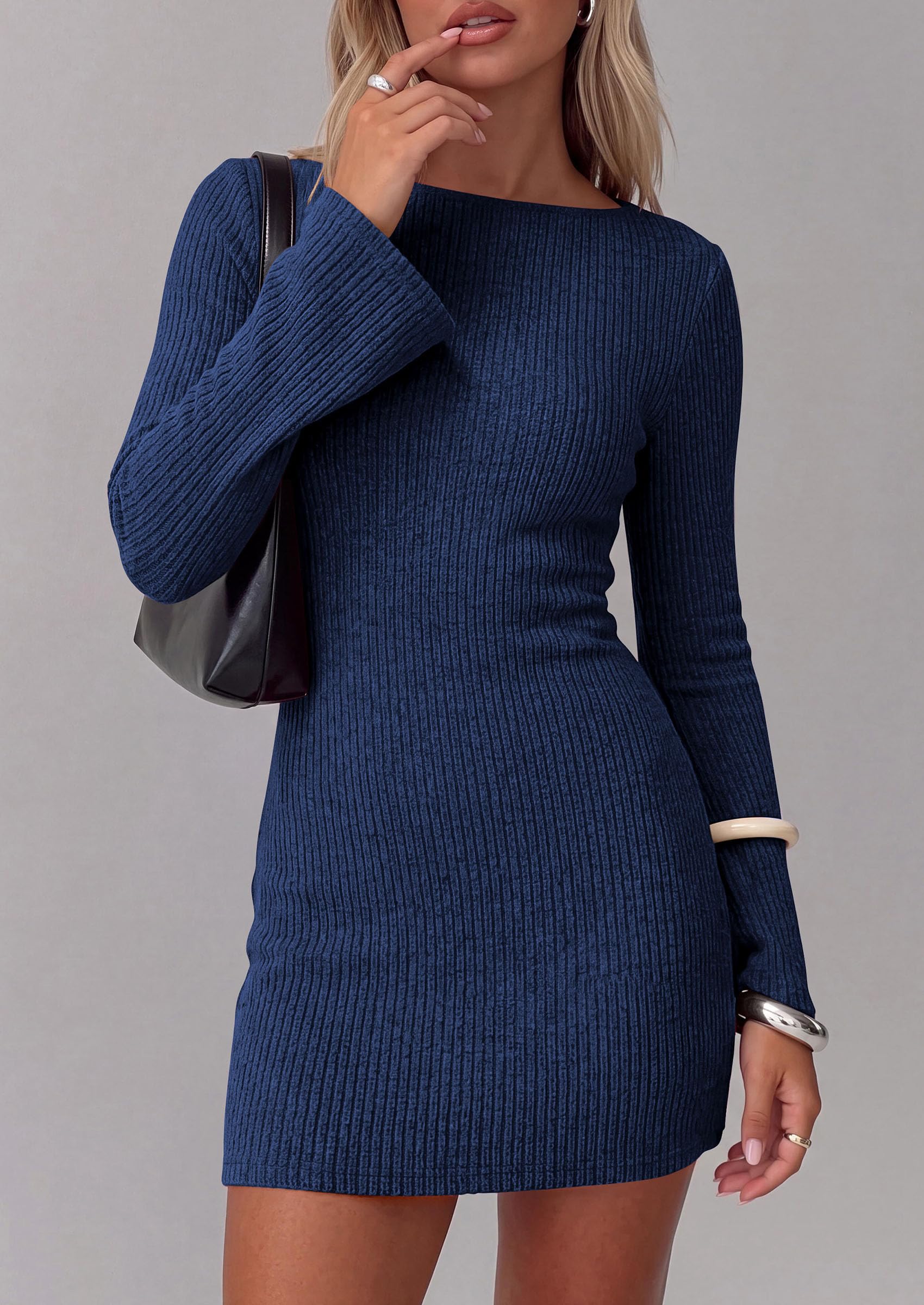 Womens Boat Neck Bell Long Sleeve Mini Sweater Dress Navy