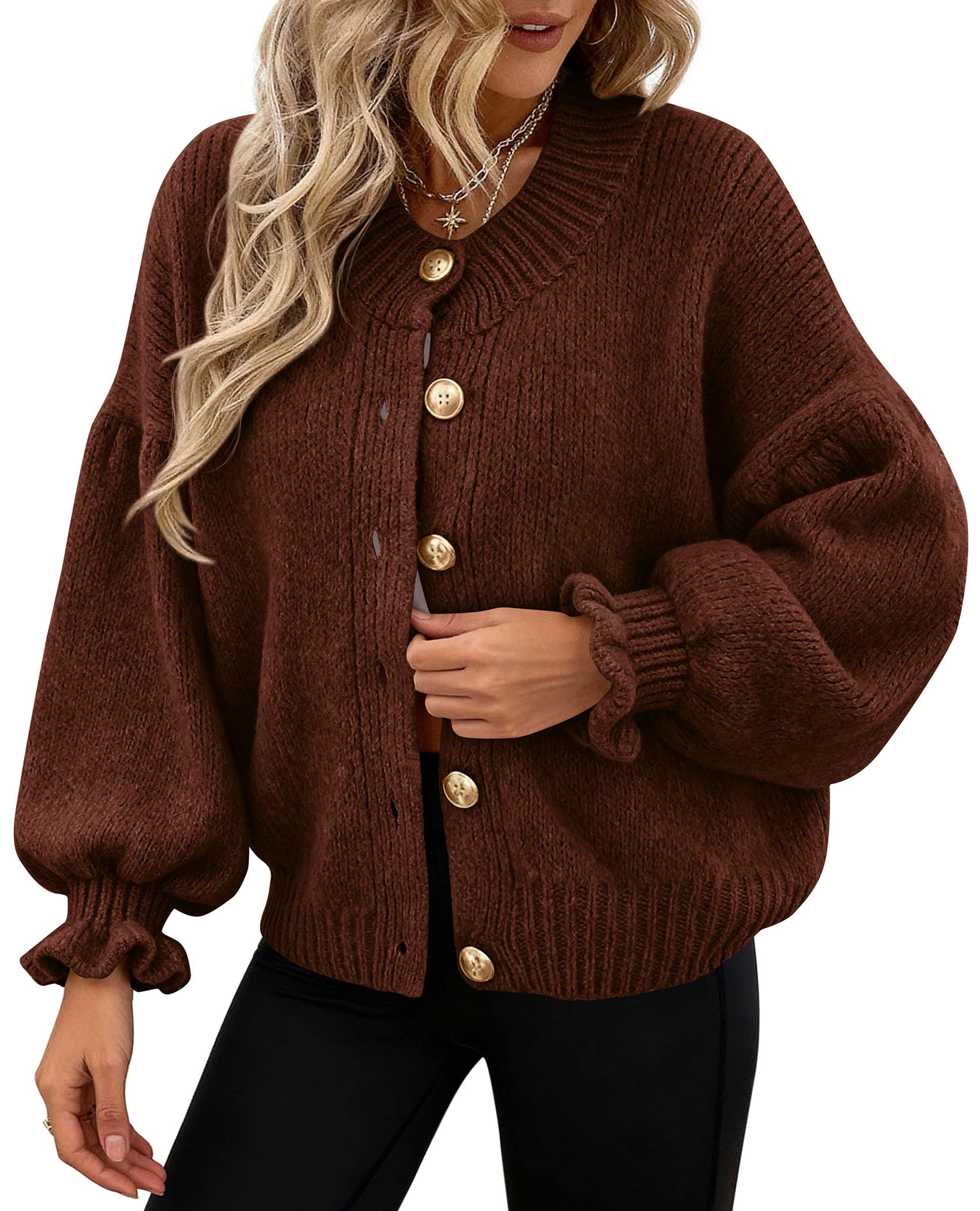 Womens Long Sleeve Chunky Knit Cardigan Sweaters,Brown,S