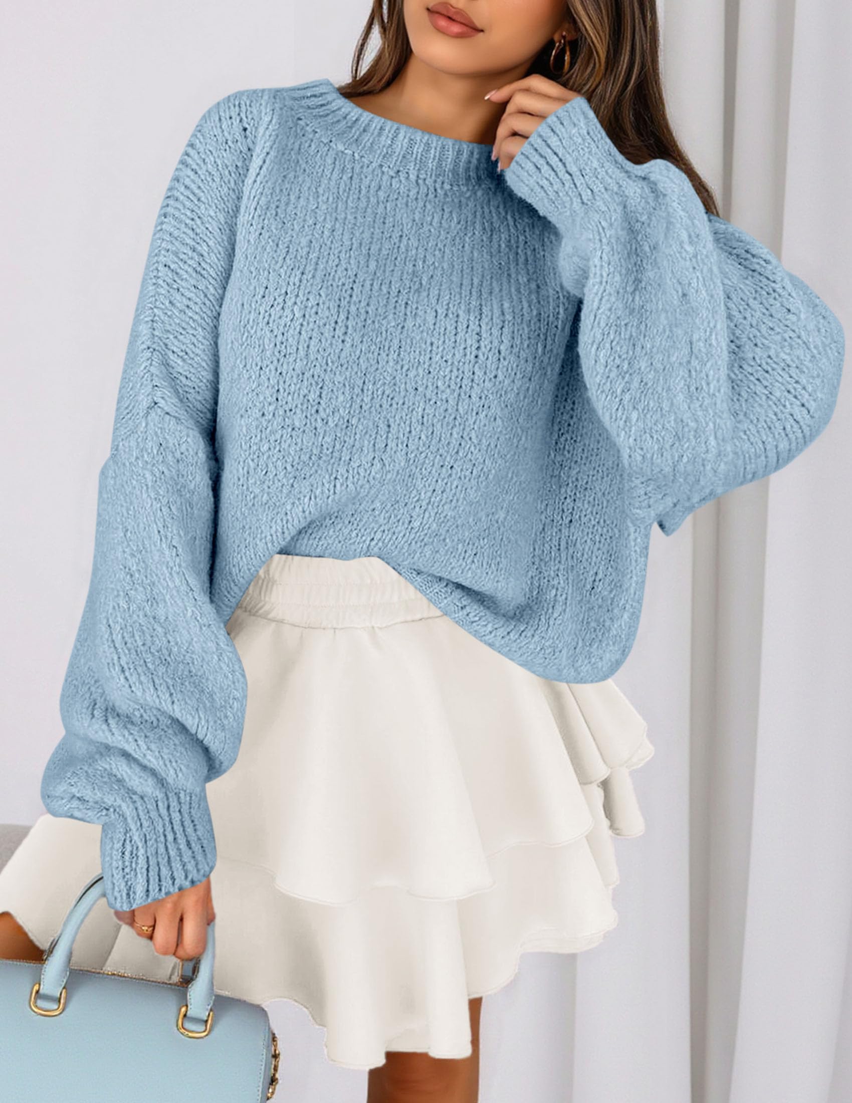 Women's Chunky Knit Oversized Pullover Sweaters,Light Blue,S
