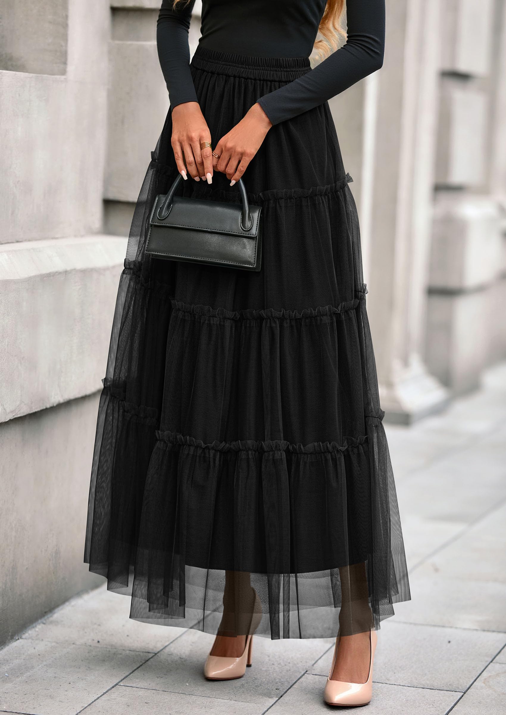 Women's Fall Soft Tulle Tiered Long Skirt,Black,S