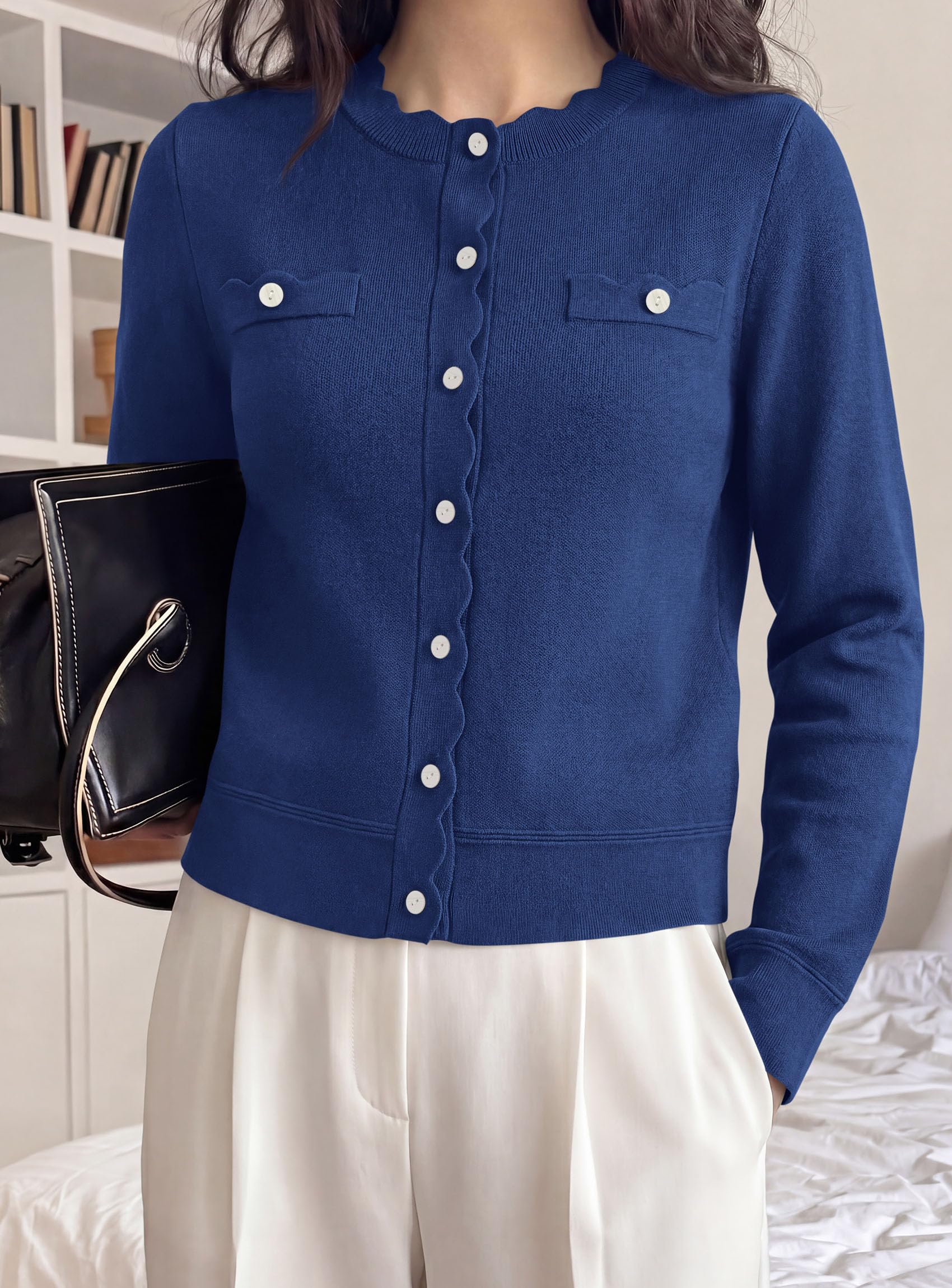 Womens Lightweight Cardigan Sweaters Scalloped Trim Fall Tops