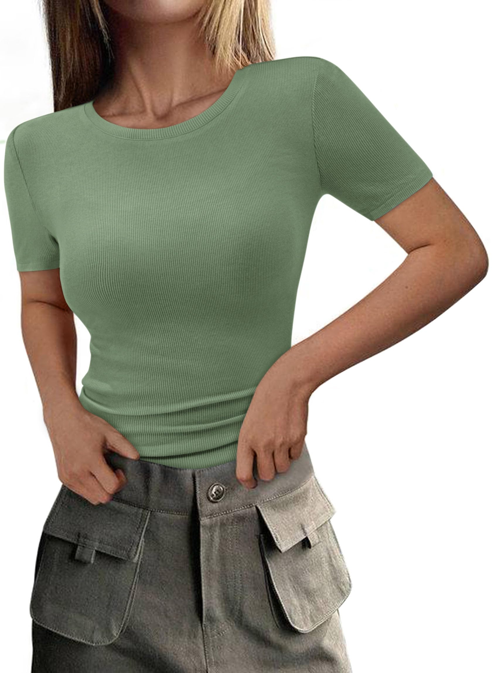 Womens Short Sleeve Slim Fit Basic Shirts,Fruit Green,XS