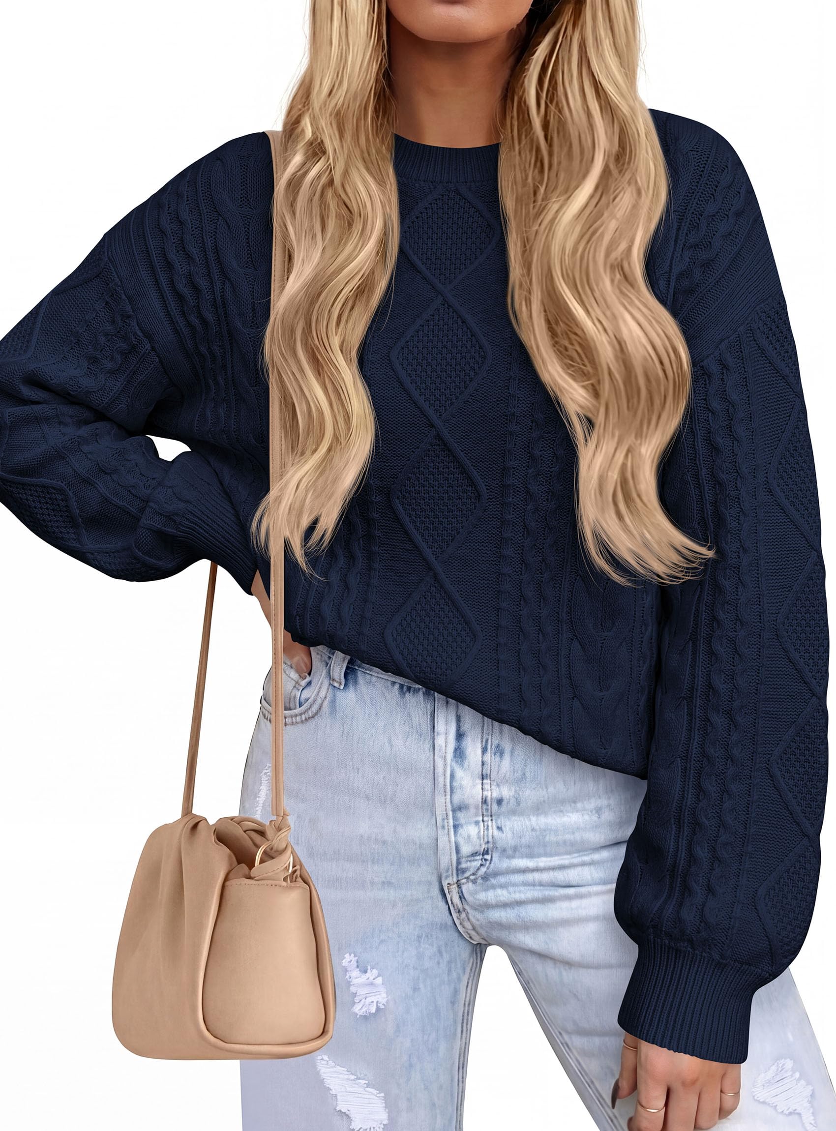 Women's Crewneck Cable Knit Sweater Pullover Tops Navy