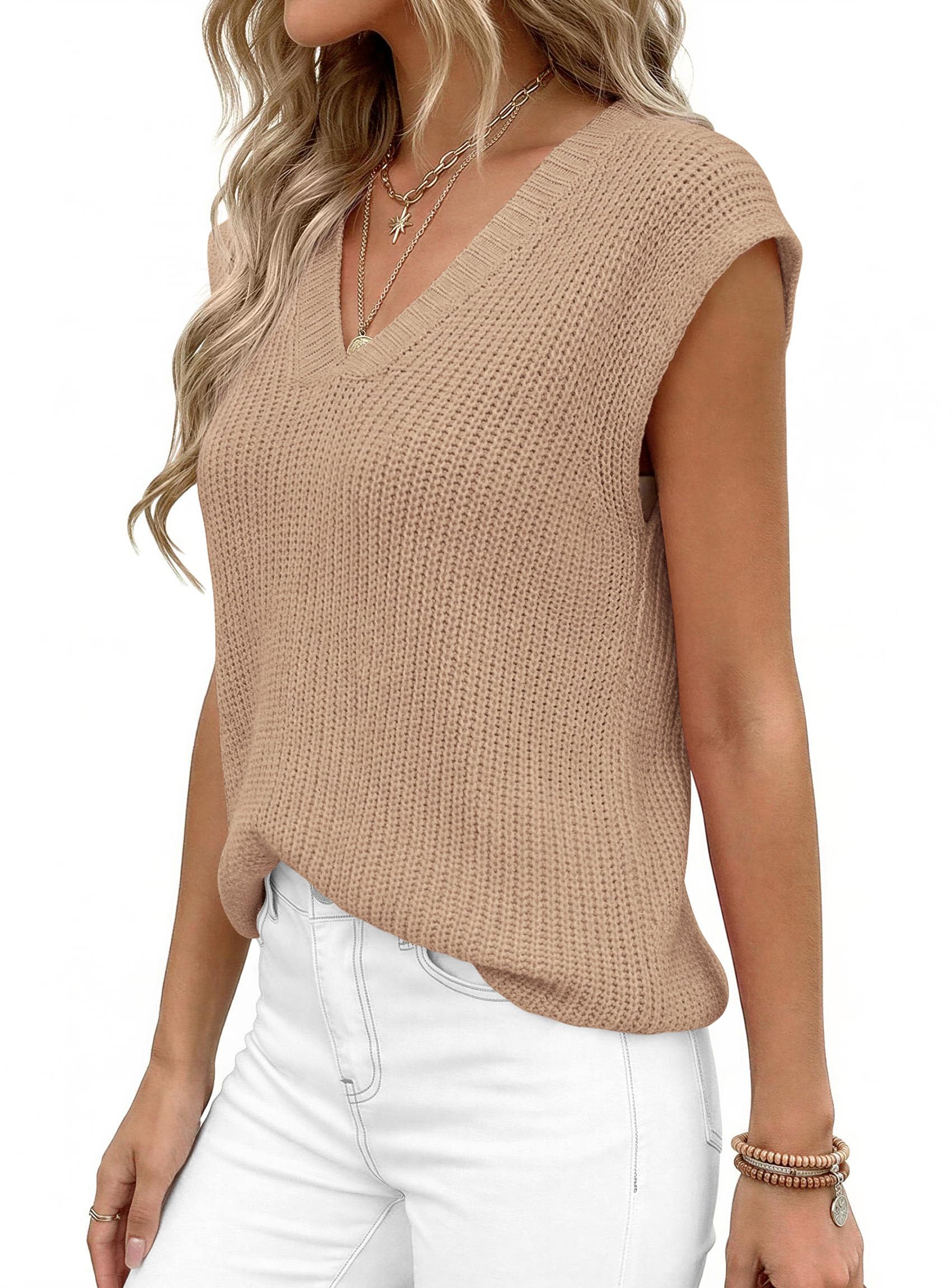 Women's Cap Sleeve Sweaters Vest Summer Tops (Khaki,S)