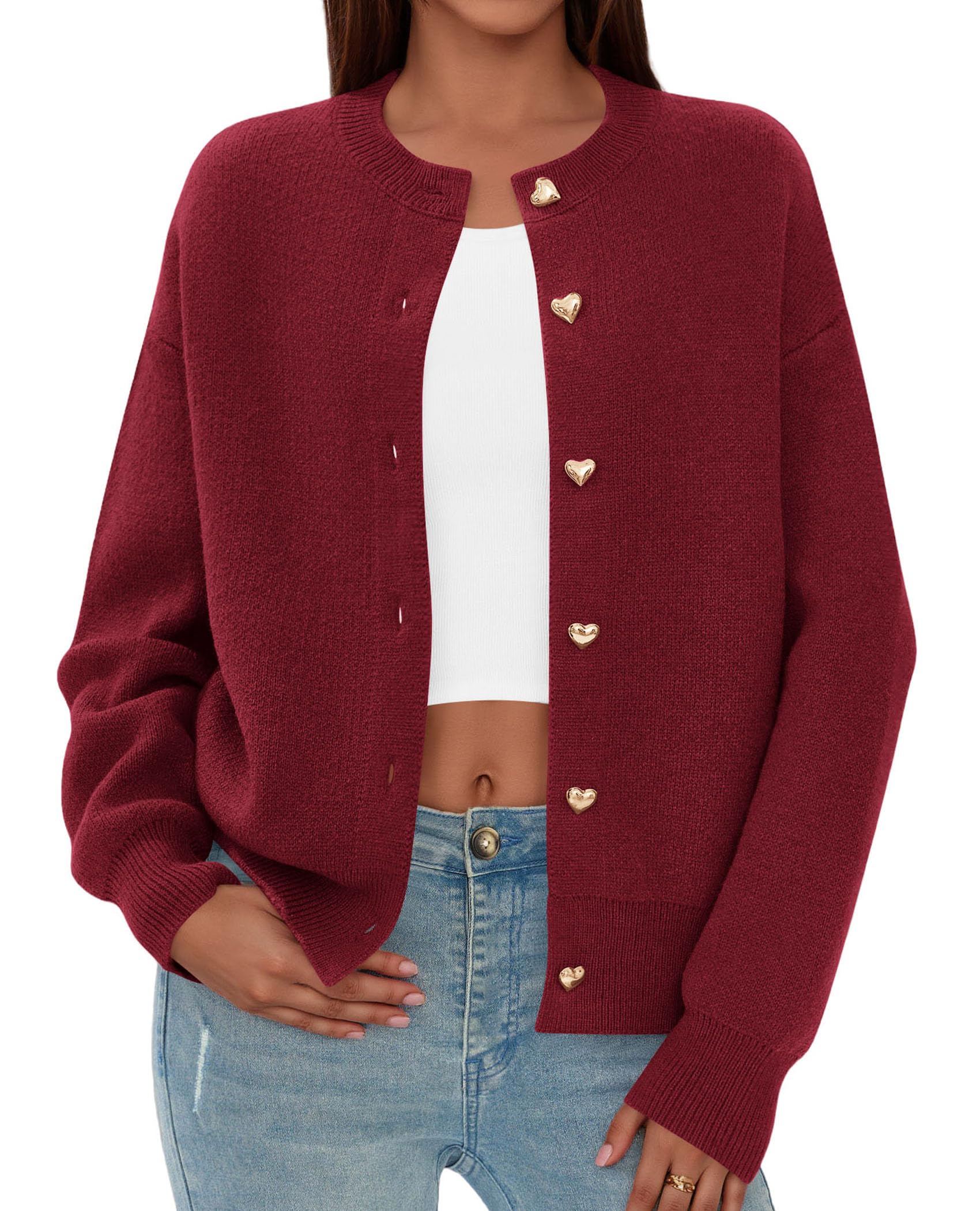 Women's Long Sleeve Button Up Cardigan,Burgundy,M