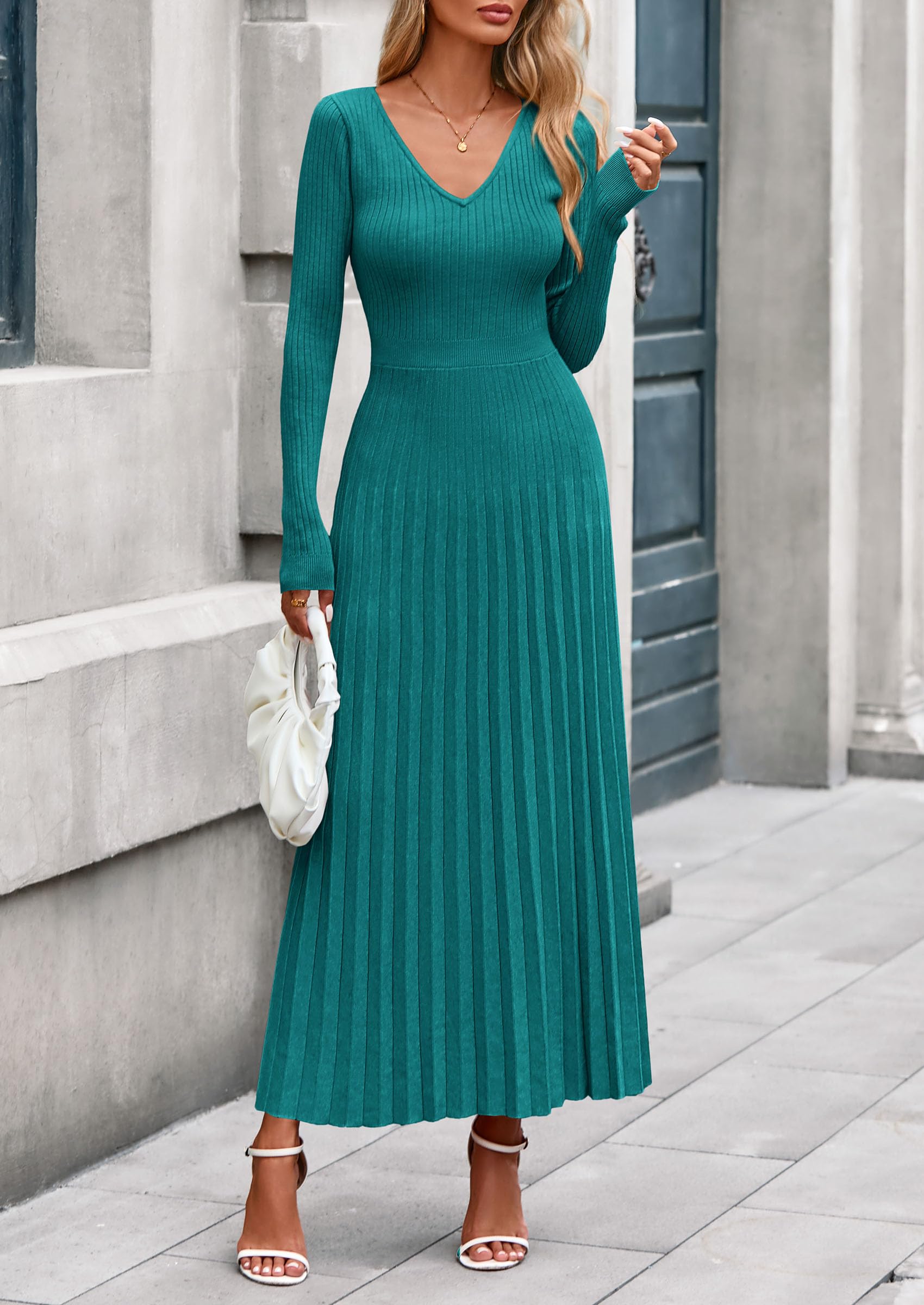 Sweater Dress Women Long Sleeve Maxi Flowy Pleated Dresses