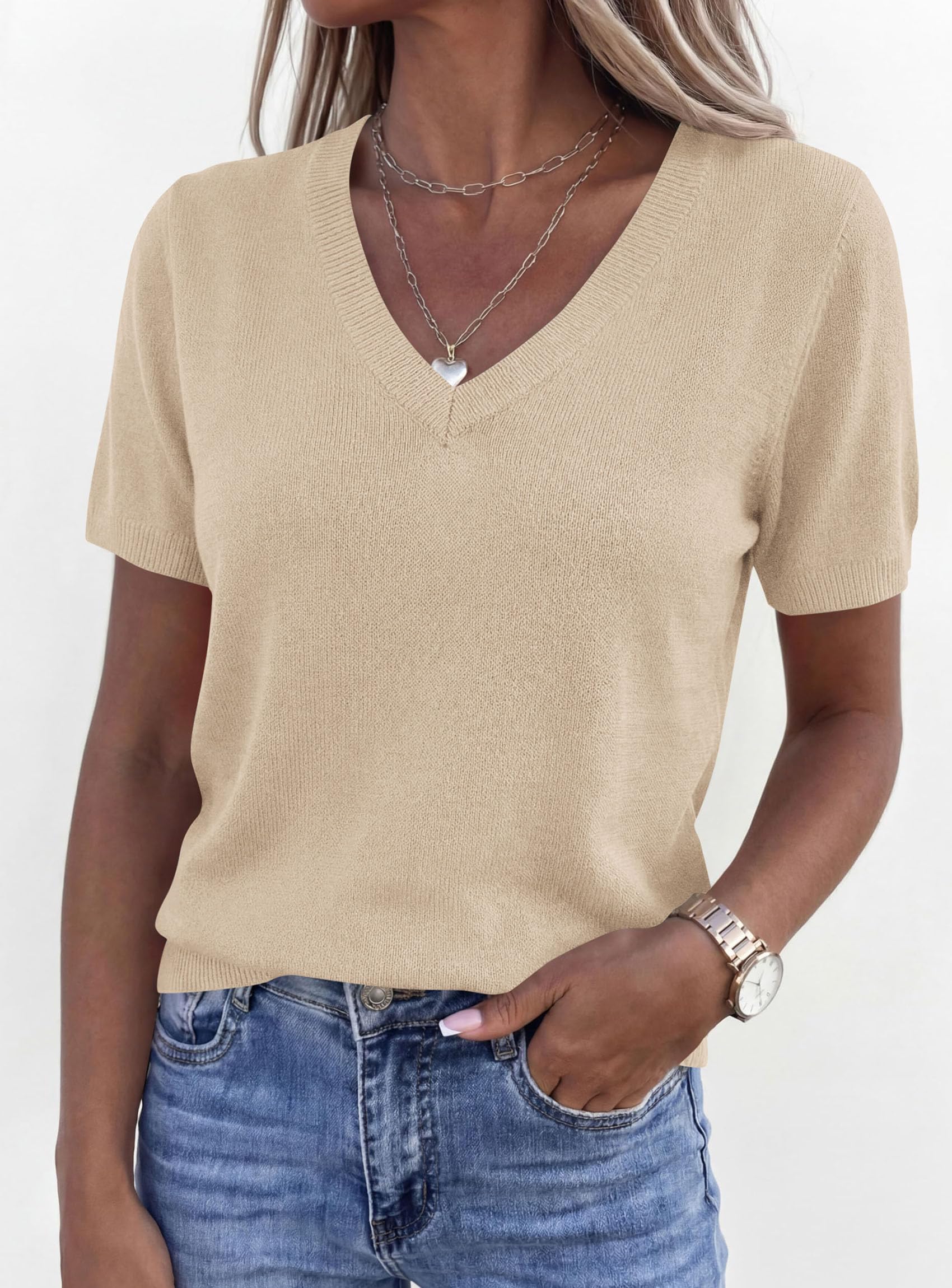 Womens Short Sleeve Sweater V Neck Tops,Apricot,S
